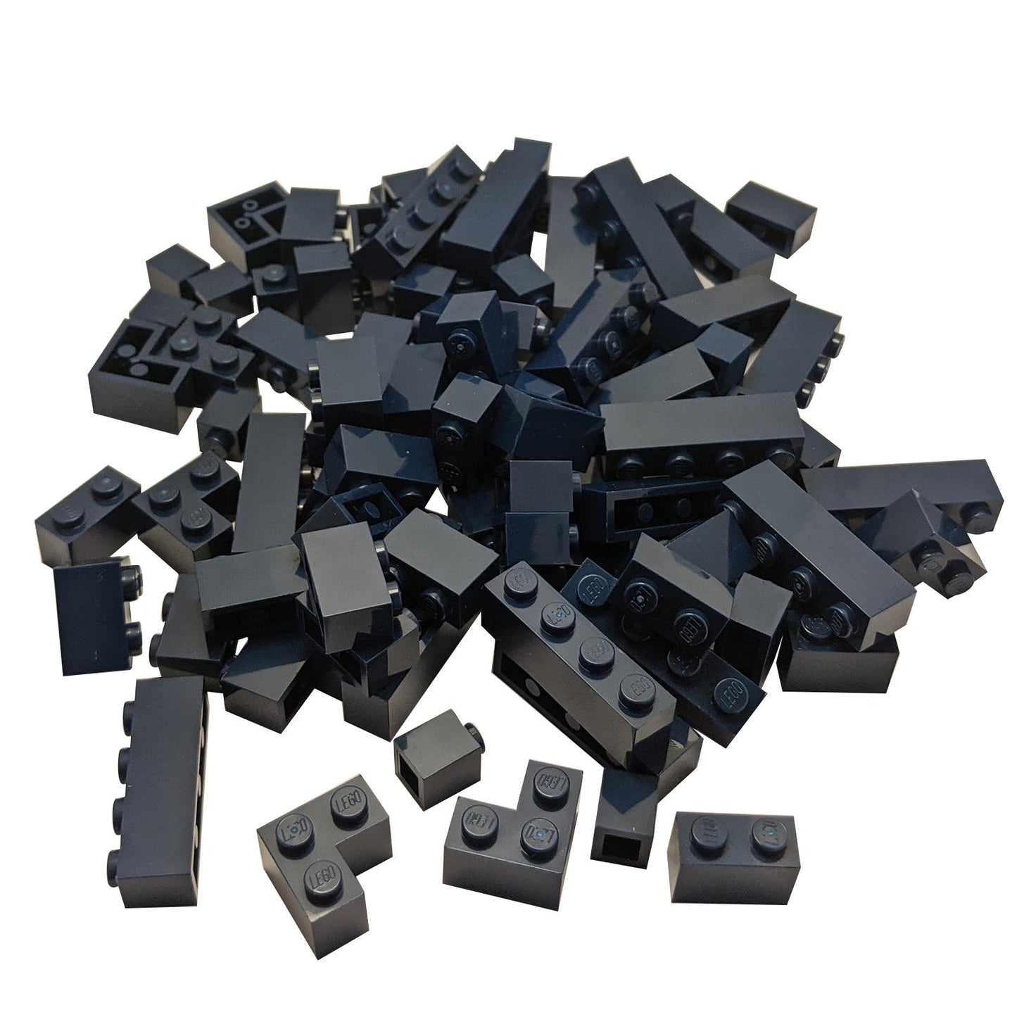 A large pile of 100 brand new, genuine LEGO® dark blue bricks, featuring a mix of 1x1, 1x2, 1x3, 1x4, and corner pieces.