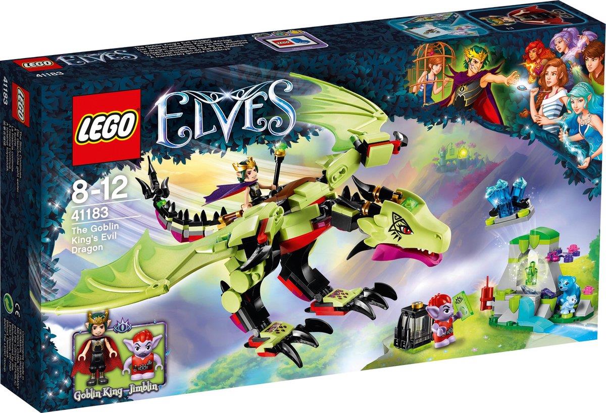 Un set de LEGO en caja Elves 41183: El Dragón Malvado del Rey Goblin (Ashwing). La parte frontal de la caja muestra un gran dragón verde articulado con garras negras, alas moradas por debajo y una silla de montar. Una minifigura del Rey Goblin se sienta en la espalda del dragón, mientras que dos figuras más pequeñas—Jimblin y Blubeary—están al lado de una gruta de cristal con una trampa para depredadores y un detalle de dinamita.