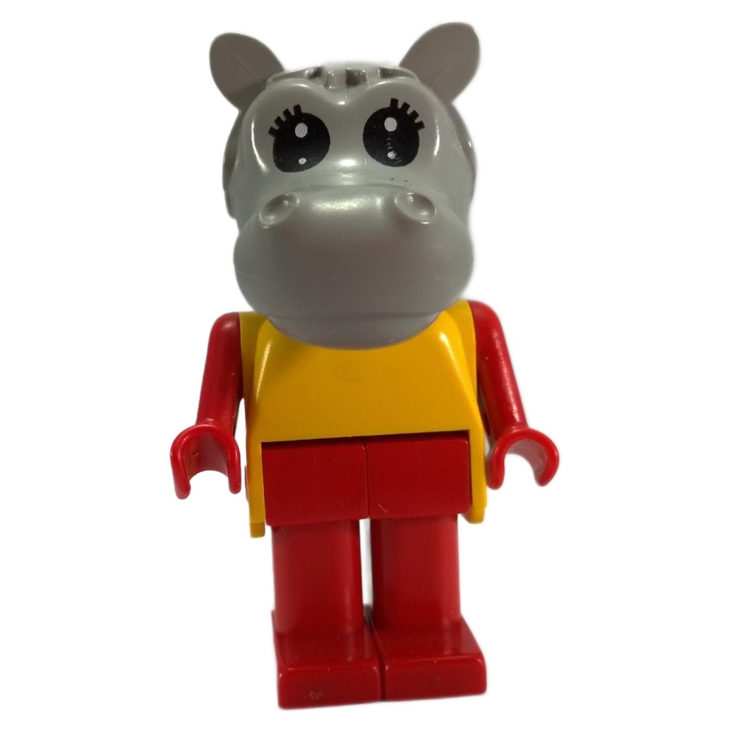 LEGO Fabuland Hanna Hippopotamus Figure (fab6e) with yellow top and red legs, front view.