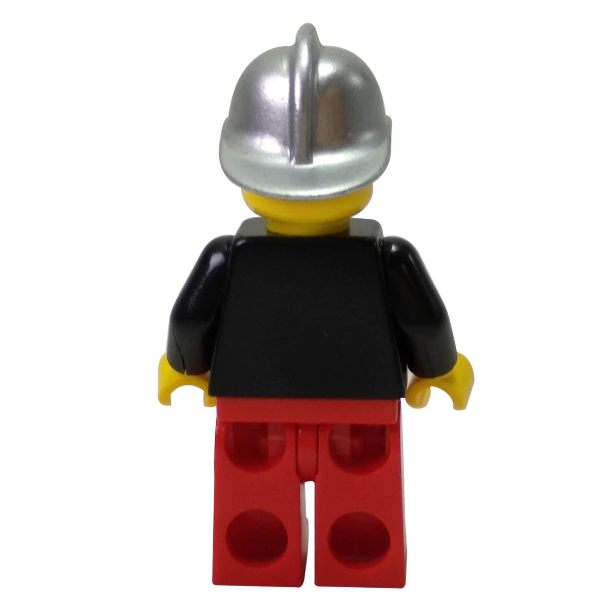 LEGO® firefighter minifigure cty0115 with silver fire helmet, reflective-stripe uniform, red legs and smiling yellow face - backview