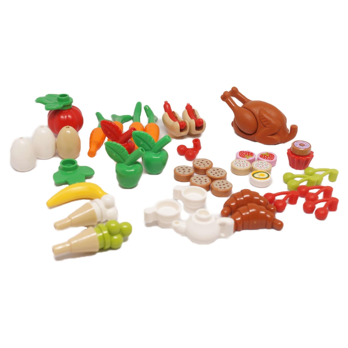 53-piece LEGO food and drink accessories assortment with fruit, vegetables, bakery pieces, teacups, hot dogs, turkey and printed food tiles