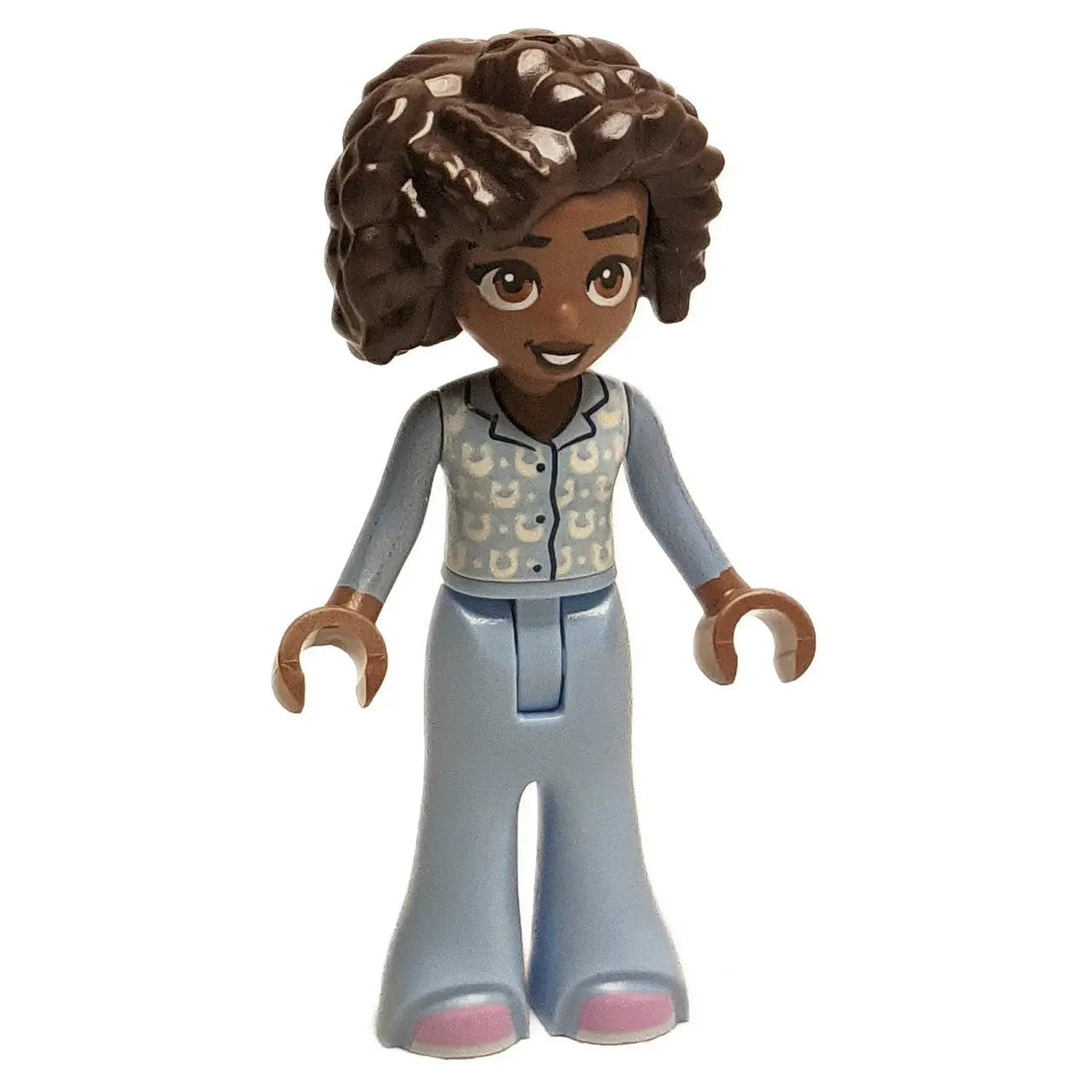 LEGO Friends Aliya minifigure in light blue pajamas with curly dark brown hair