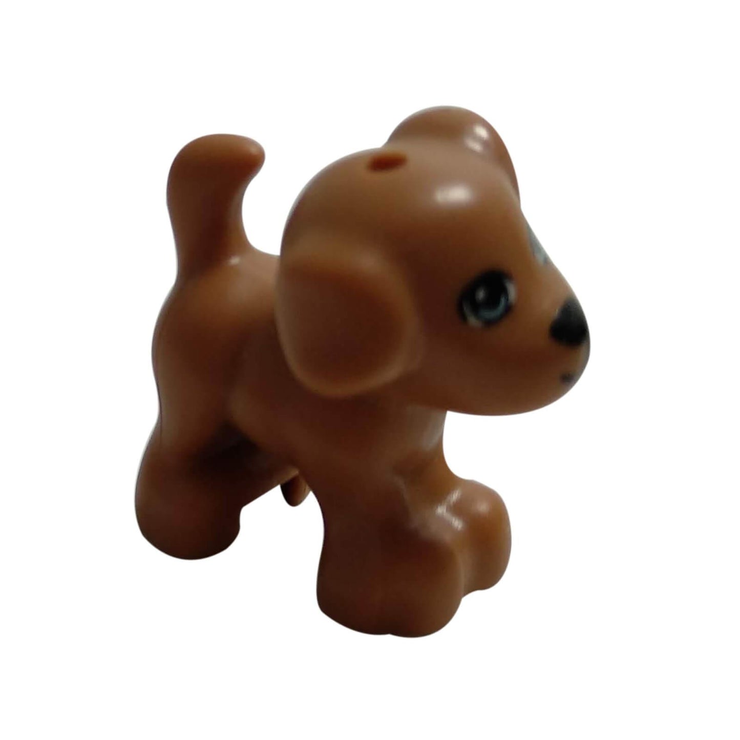 LEGO® Friends puppy figure (93088pb02) in medium nougat with bright light blue eyes, standing in a friendly pose.