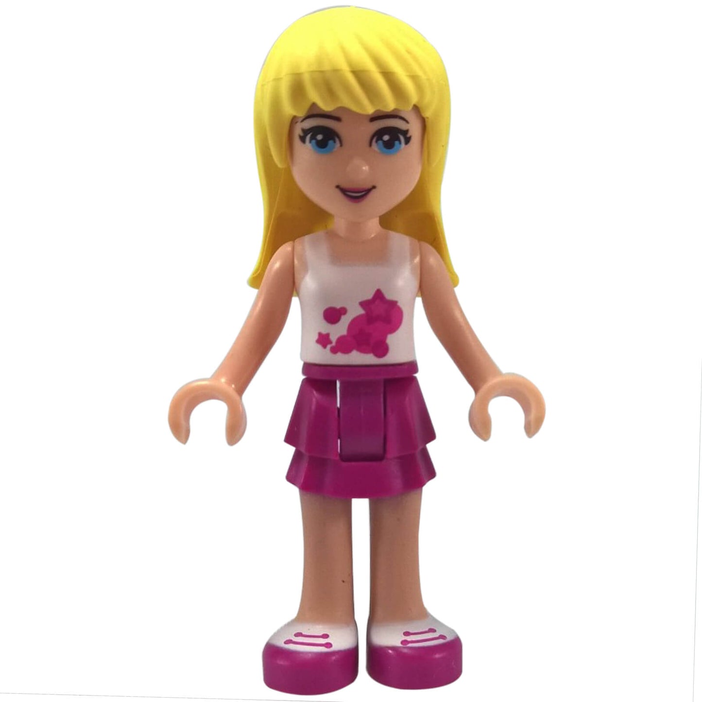 LEGO® Friends Stephanie minidoll frnd0008 wearing white top and magenta layered skirt - front