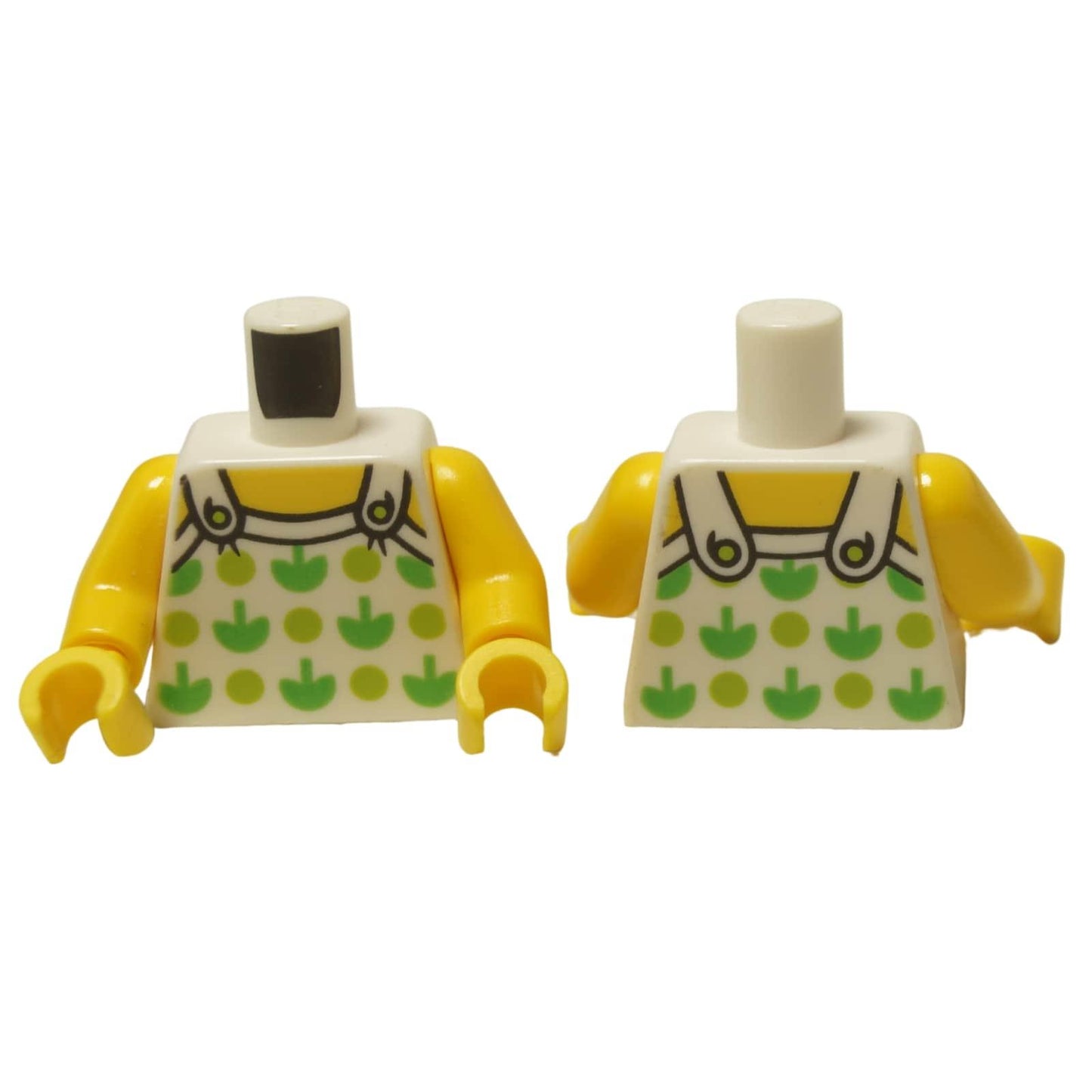 LEGO® Torso (973pb2732c01) con un top halter blanco que presenta un patrón de plantas verdes, mostrado desde el frente y la parte posterior.