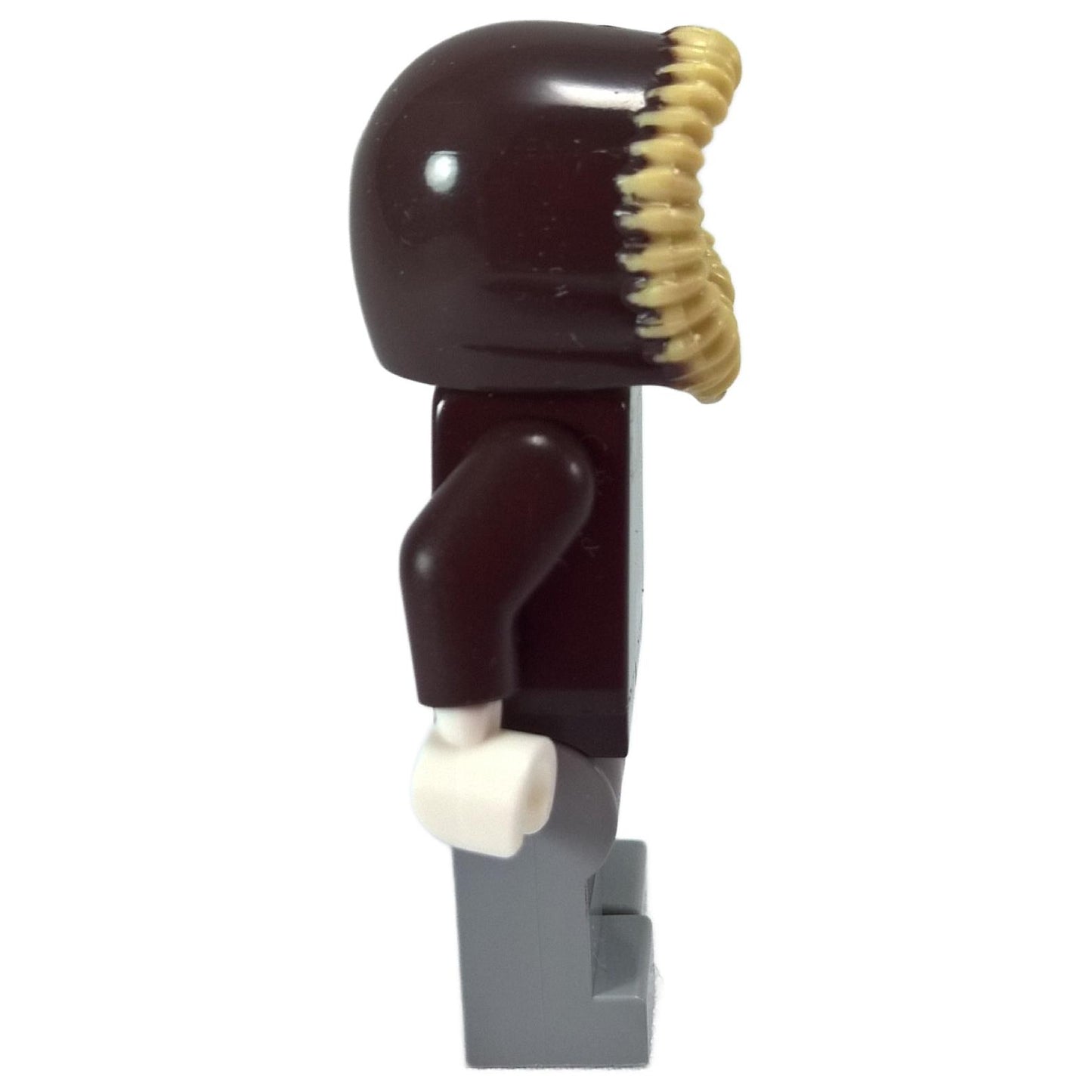 Side view of LEGO® Han Solo Minifigure (sw0709) with dark brown parka and tan fur hood trim.