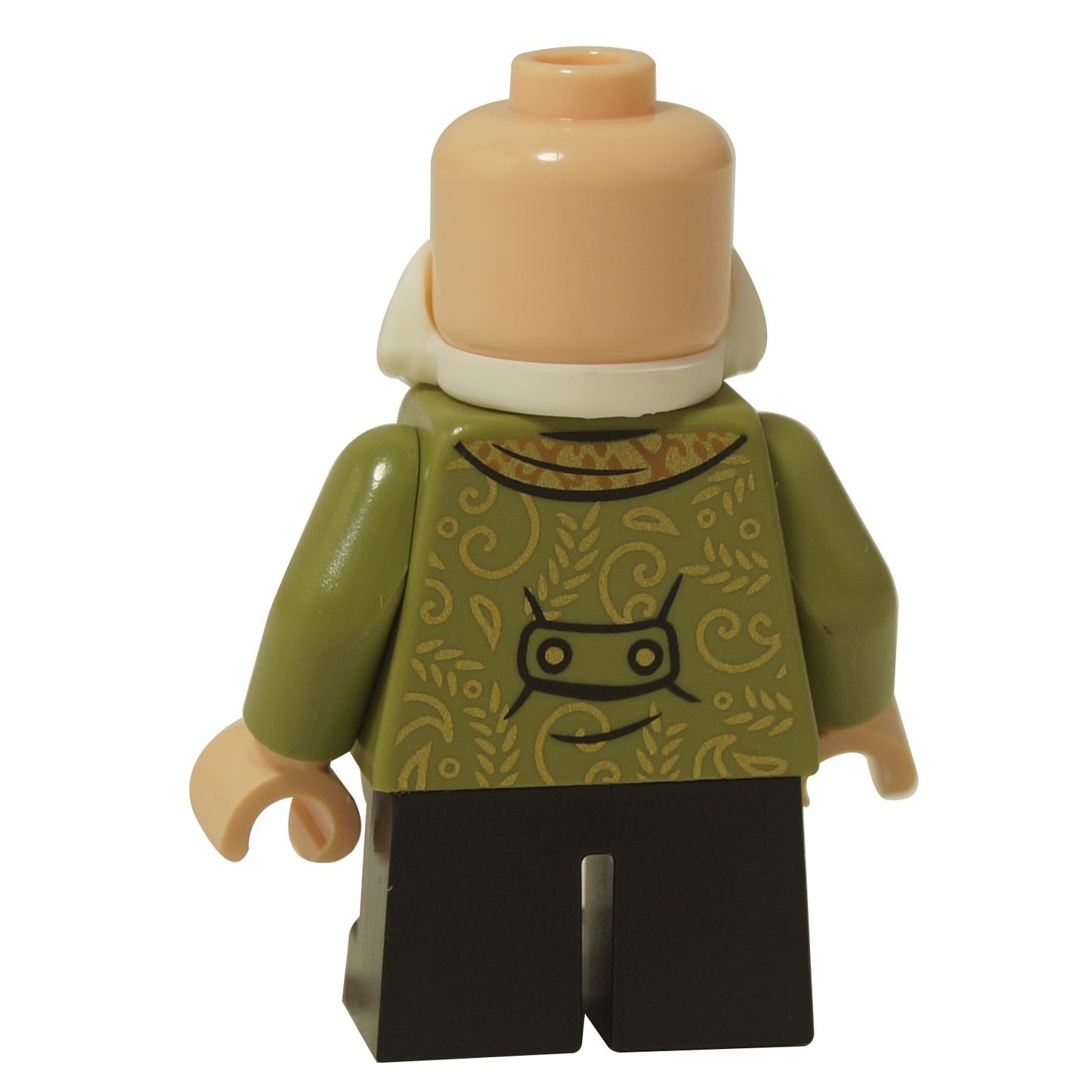 LEGO® Minifigure Harry Potter Professor Flitwick (hp524) con dettagliato motivo della giacca verde oliva sul retro, gambe nere e barba bianca, vista posteriore.