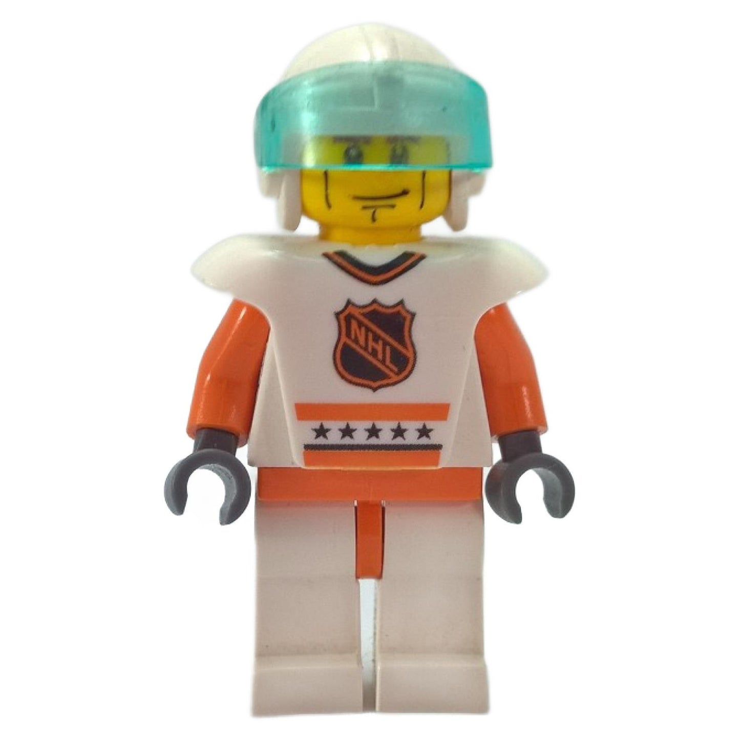 LEGO® Hockey Player F minifigure (hky006) in white and orange NHL uniform with helmet and visor, front view.