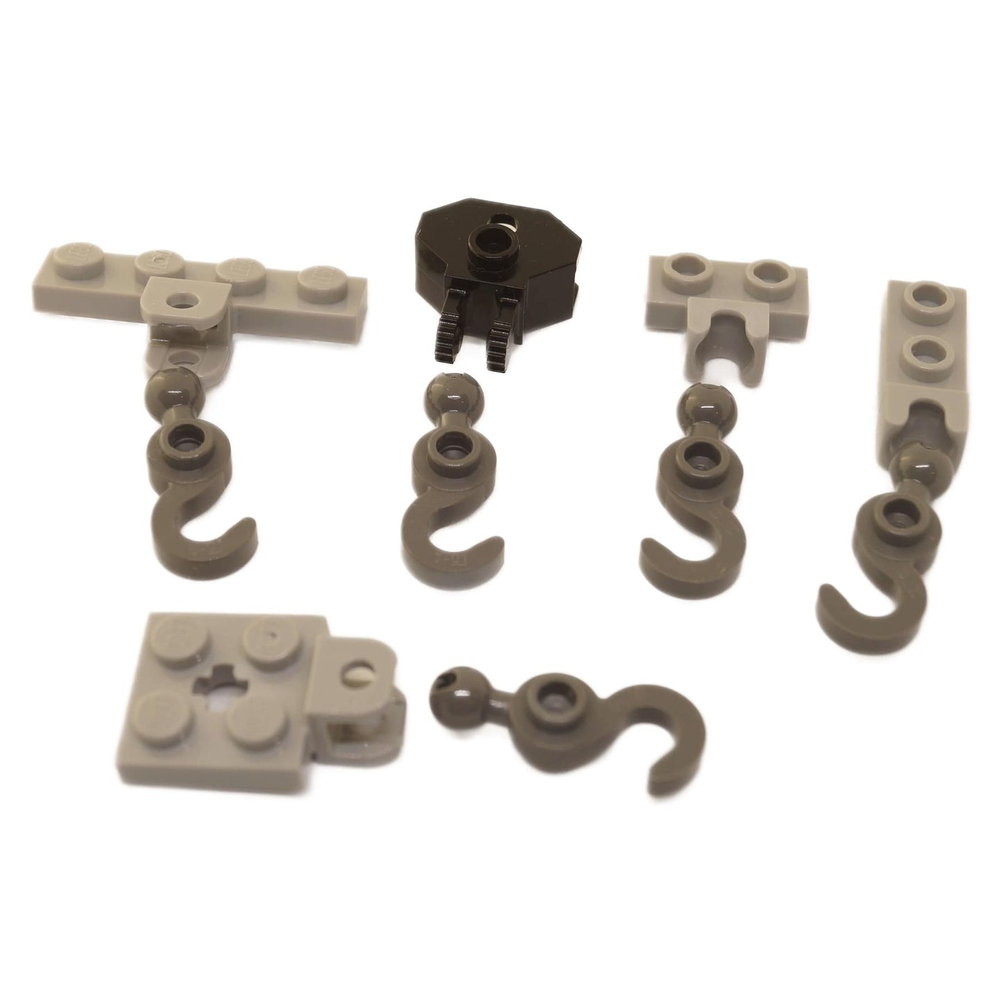 A curated assortment of 10 genuine LEGO® hooks, plates with clips, and ball joints for building cranes and tow trucks, as pictured.