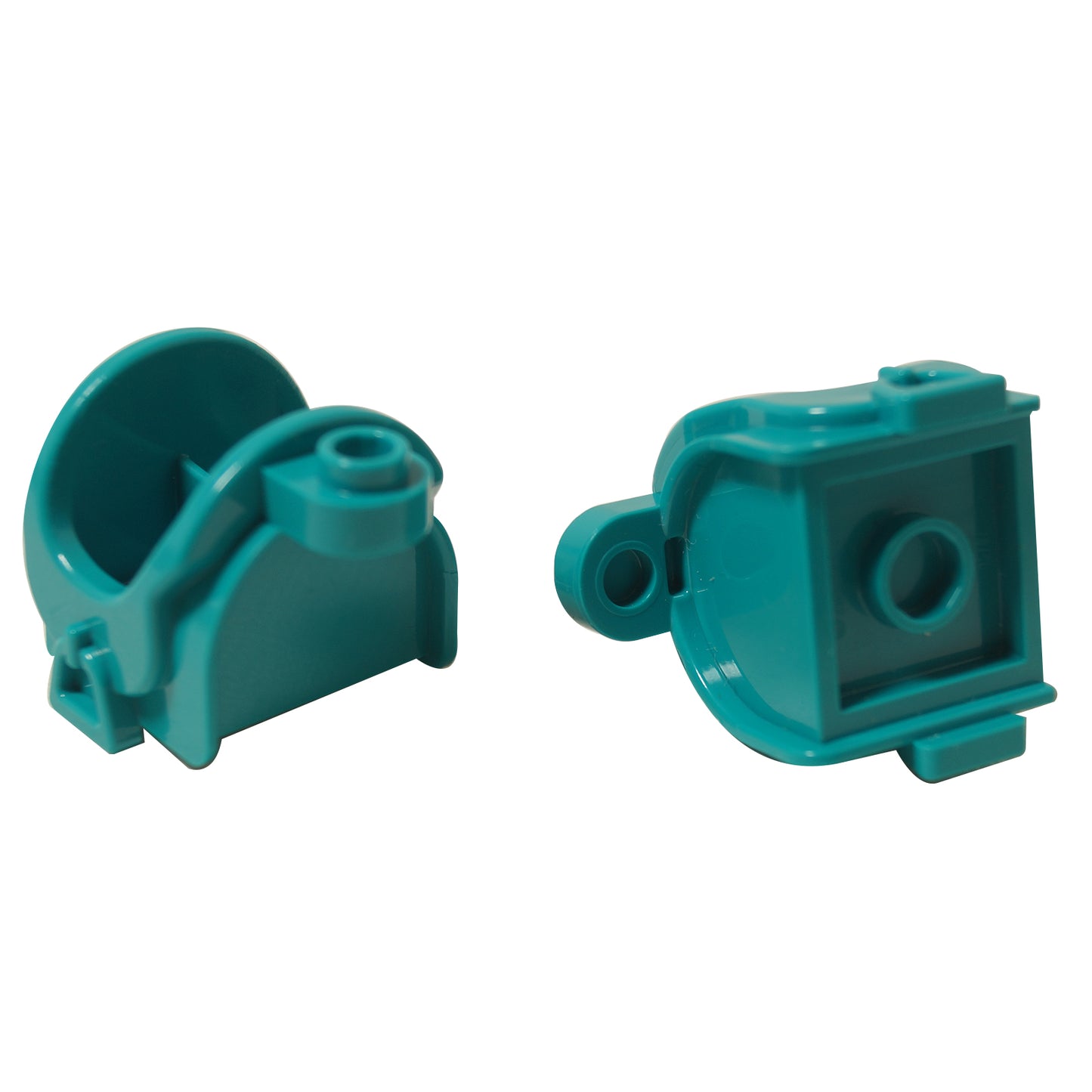 Two dark turquoise LEGO horse saddle pieces (93086) shown disassembled or in profile against white background.
