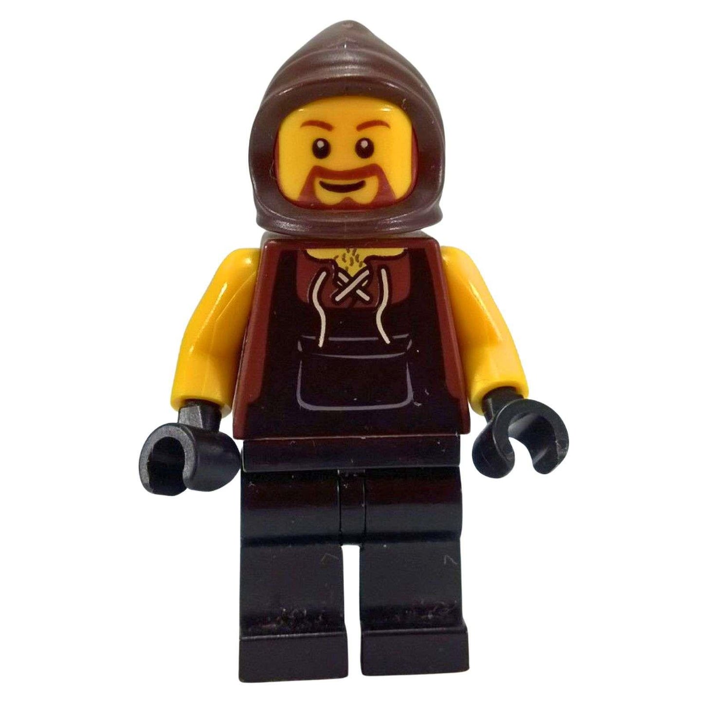Minifigura de LEGO Kingdoms herrero cas467 con delantal marrón y capucha de pie