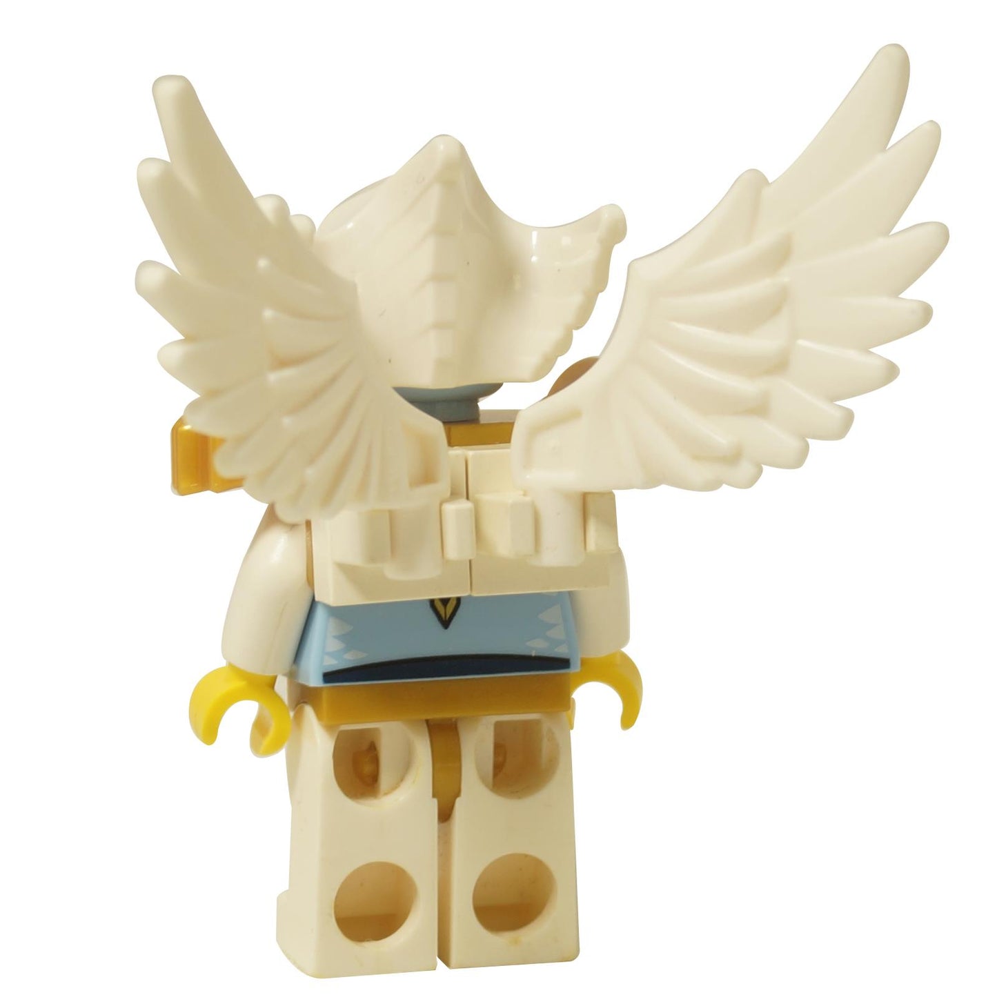 LEGO® minifigura Eris de Legends of Chima (loc037) com asas brancas, armadura de ombro dourada e impressão traseira azul, vista traseira.