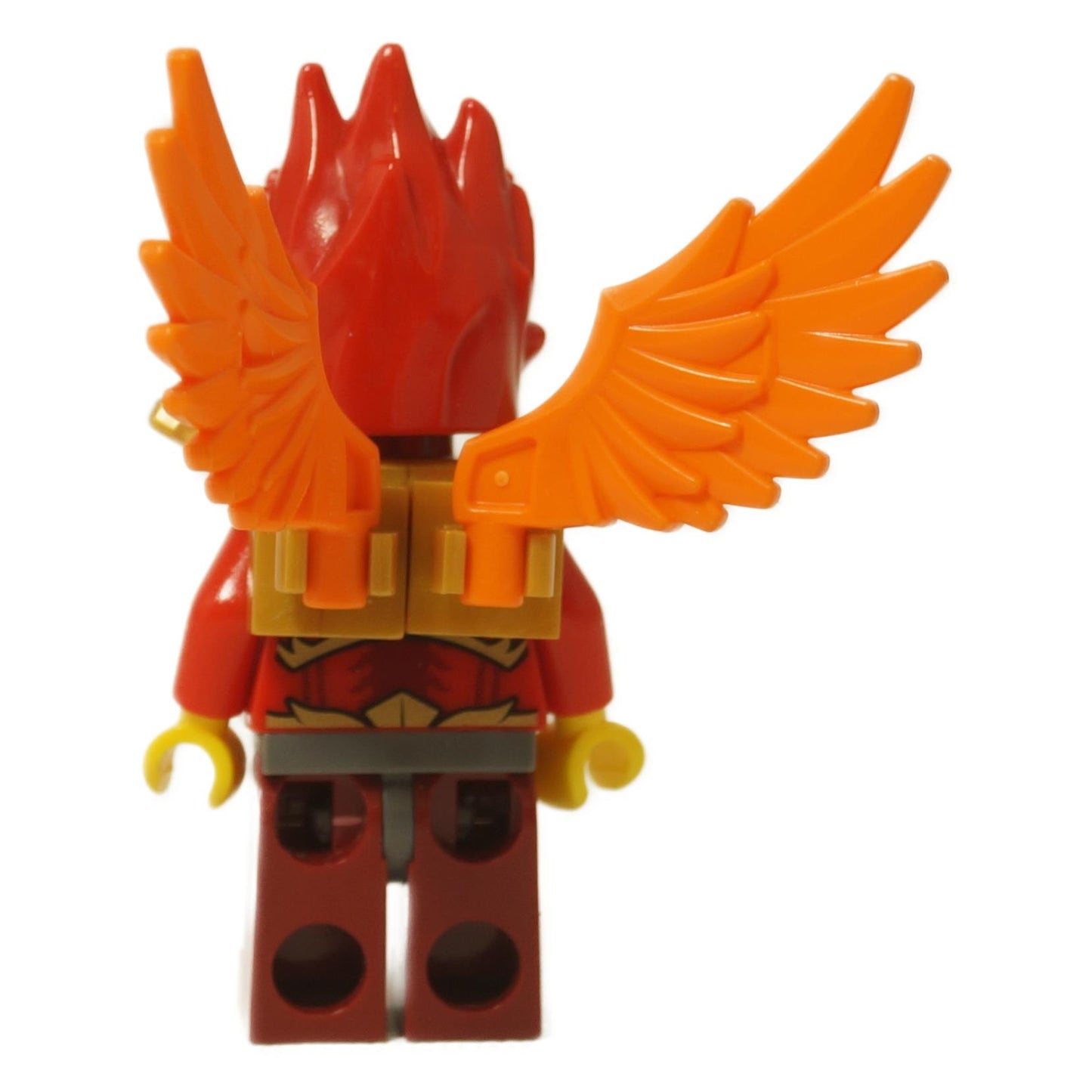 LEGO® Legends of Chima Fluminox minifigura (loc104) részletes piros és narancssárga főnix szárnyakkal és hátsó páncéllal, hátsó nézet.