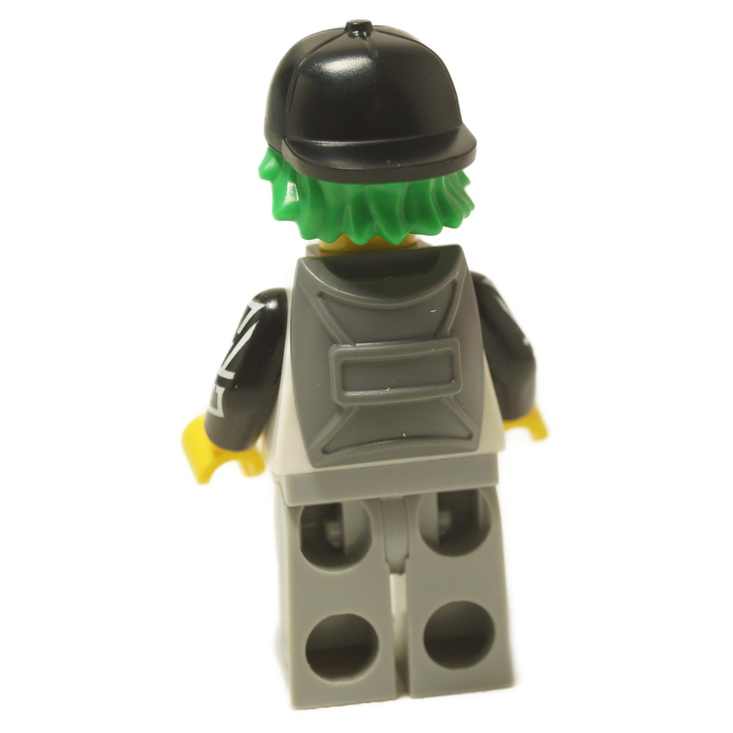 LEGO® Longboarder minifigure (col455) from Collectible Minifigures Series 27, with green hair, a backward cap, and ripped jeans. Back view.