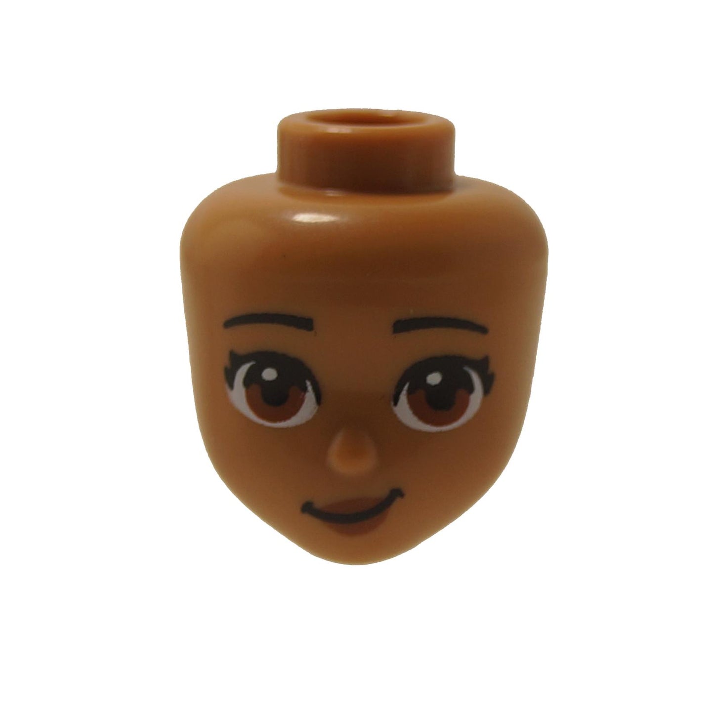 LEGO® mini-doll head in medium nougat with lopsided grin and expressive eyes, friendly female face print
