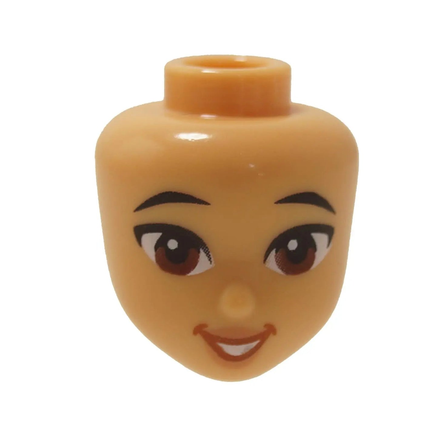 LEGO® mini-doll head with open smiling expression and reddish brown eyes, friendly female face print