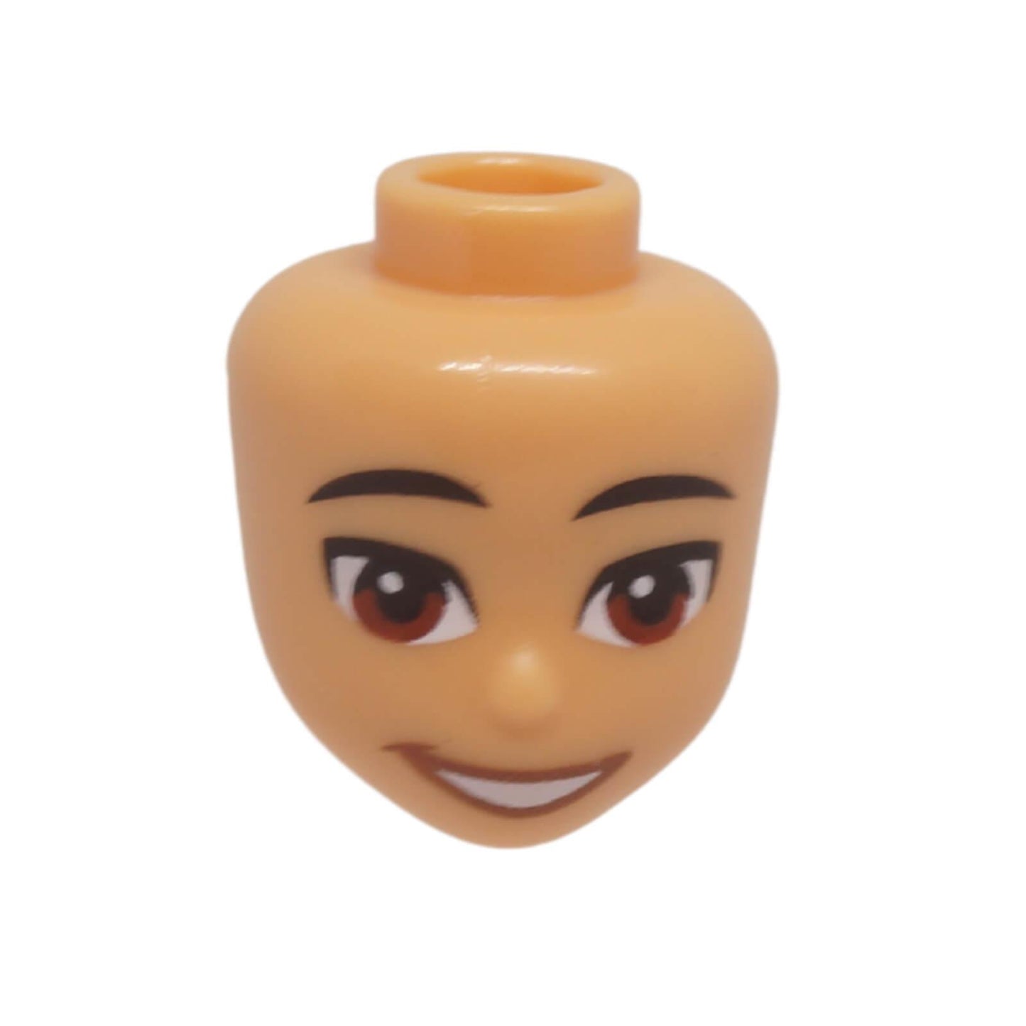 LEGO mini doll head medium tan with smile reddish brown eyes and teeth expression