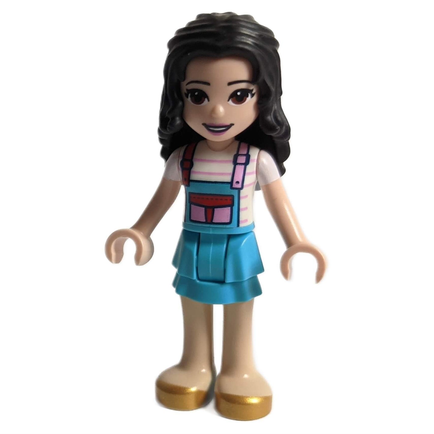 LEGO® mini-doll Emma wearing an apron shirt and skirt, Friends-style figure with dark hair and casual outfit