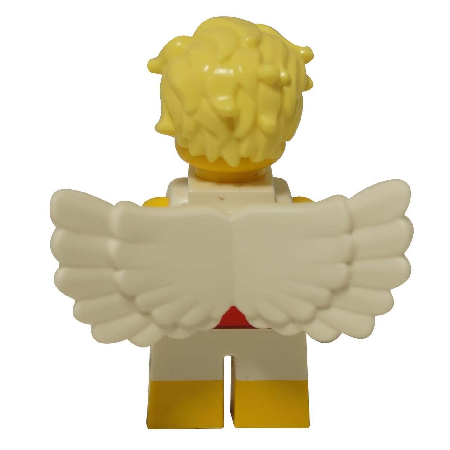 LEGO® Cupid minifigure from Series 27, side view showing white wings, toga print and classic yellow legs, back profile view