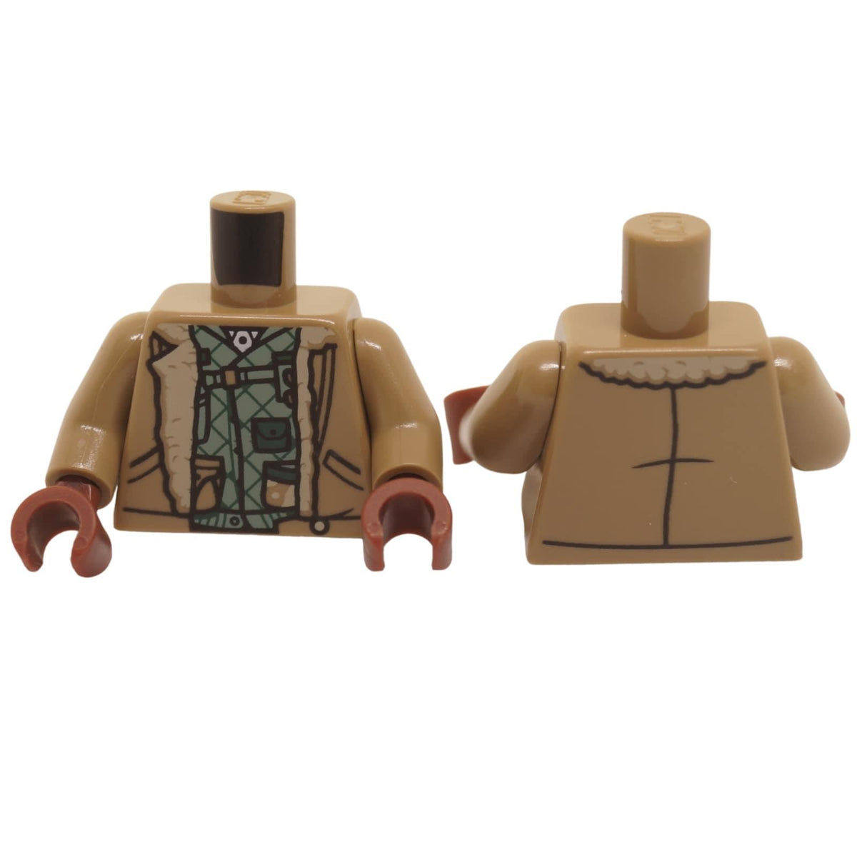 LEGO minifigure dark tan aviator bomber jacket torso with fur lining and sand green quilted shirt