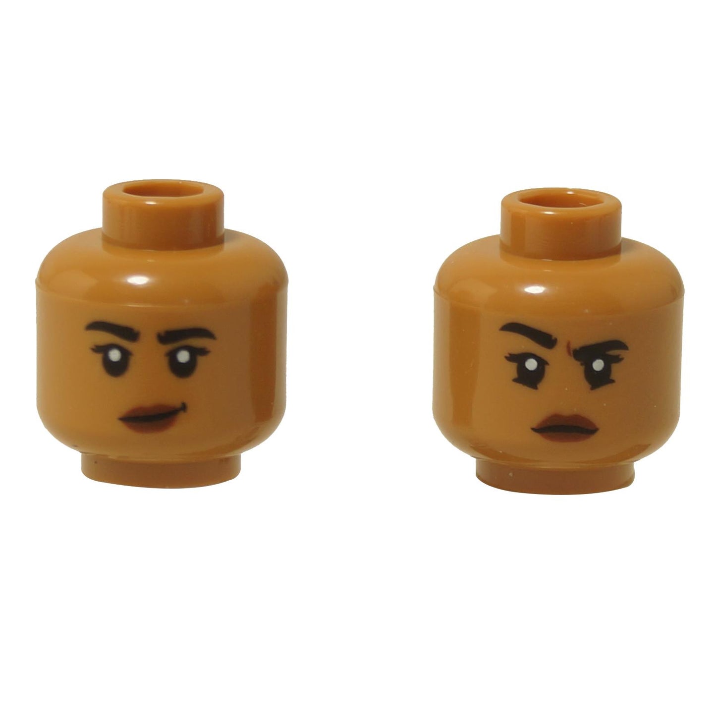 LEGO® minifigure female head, dual-sided face with confident smirk on one side and raised eyebrow expression on the other