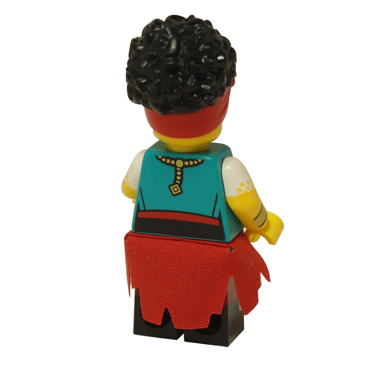 LEGO® Pirate Quartermaster minifigure from Series 27, female pirate with headscarf, jewelry print, sash and decorated legs back profile view