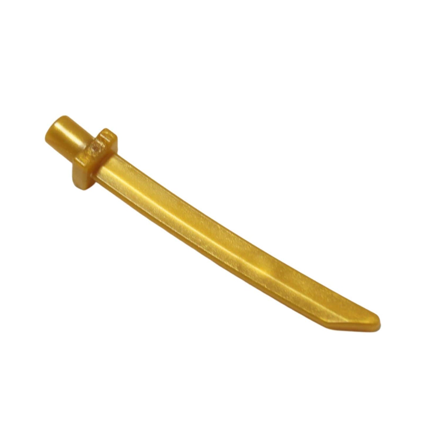 LEGO® minifigure sword blade with bar and square crossguard in pearl gold, fantasy-style weapon accessory.