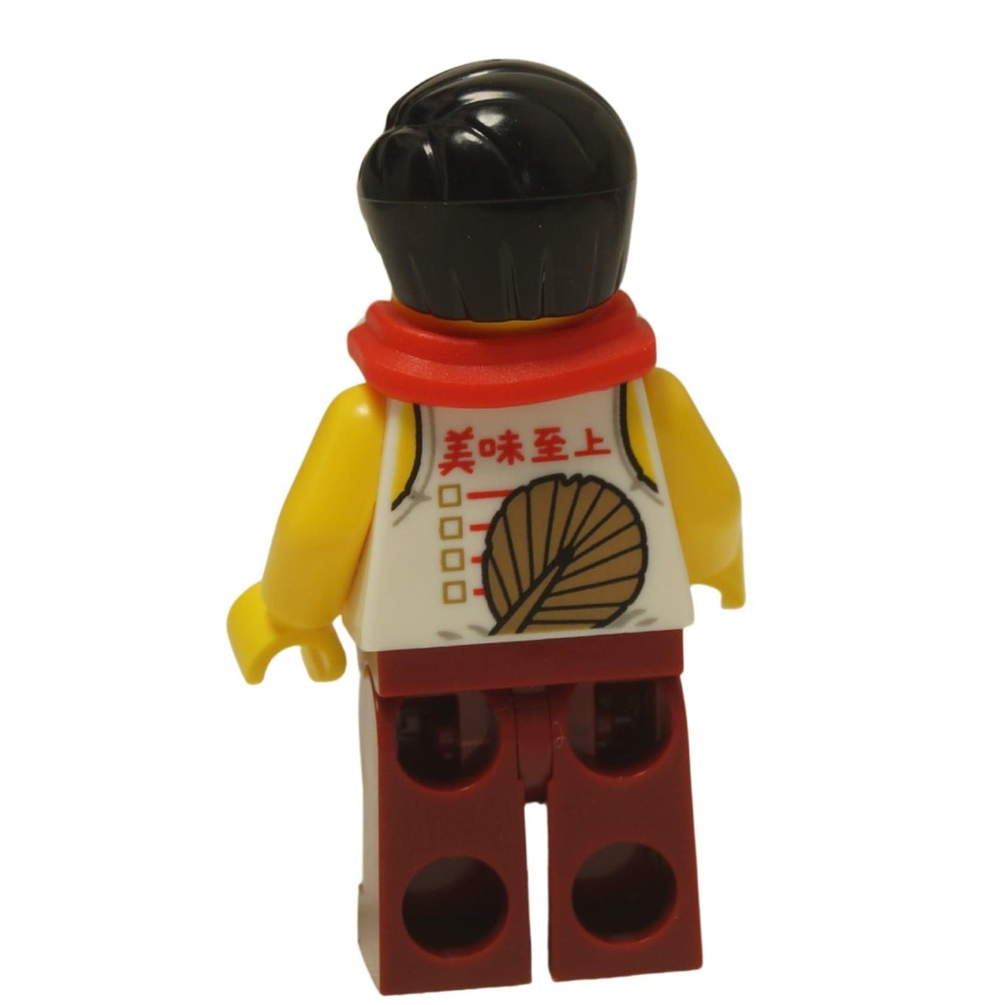 LEGO® Minifigure Monkie Kid Mr. Tang (mk062) présenté avec sa tête double face, affichant à la fois son expression calme et souriante et son expression excitée avec la bouche ouverte. Vue arrière.