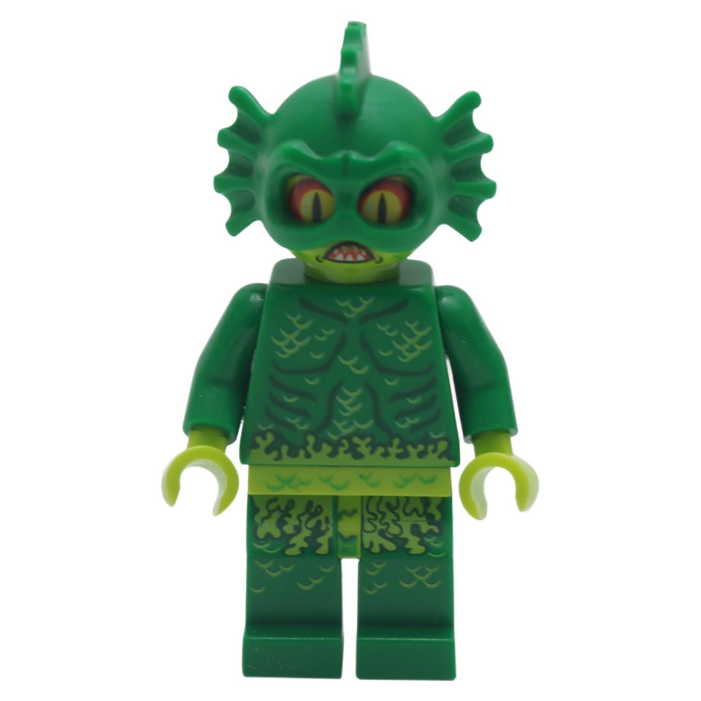 LEGO® Monster Fighters Swamp Creature minifigure (mof014) with printed scales and webbed headpiece, front view.