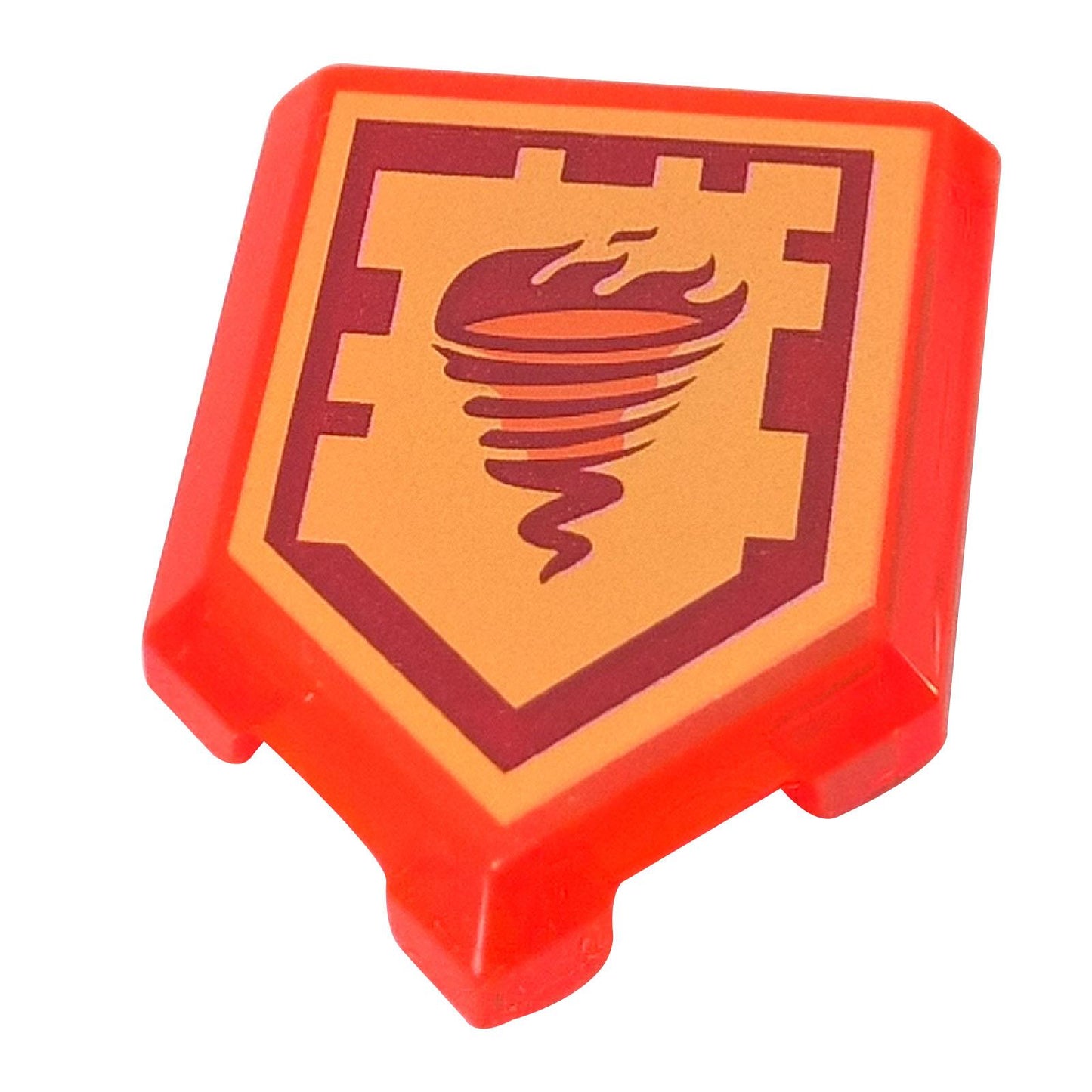 LEGO® Nexo Knights shield tile (22385pb041) in transparent bright reddish-orange, featuring the printed Fire Tornado Nexo Power pattern.