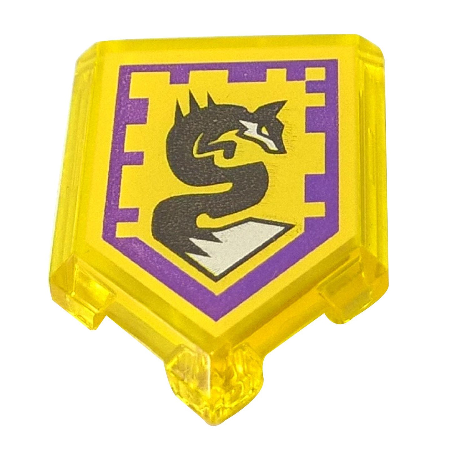 LEGO® Azulejo de escudo de Nexo Knights (22385pb090) en amarillo transparente, que presenta el patrón impreso de Poder Nexo del Zorro Espiritual en púrpura y negro.