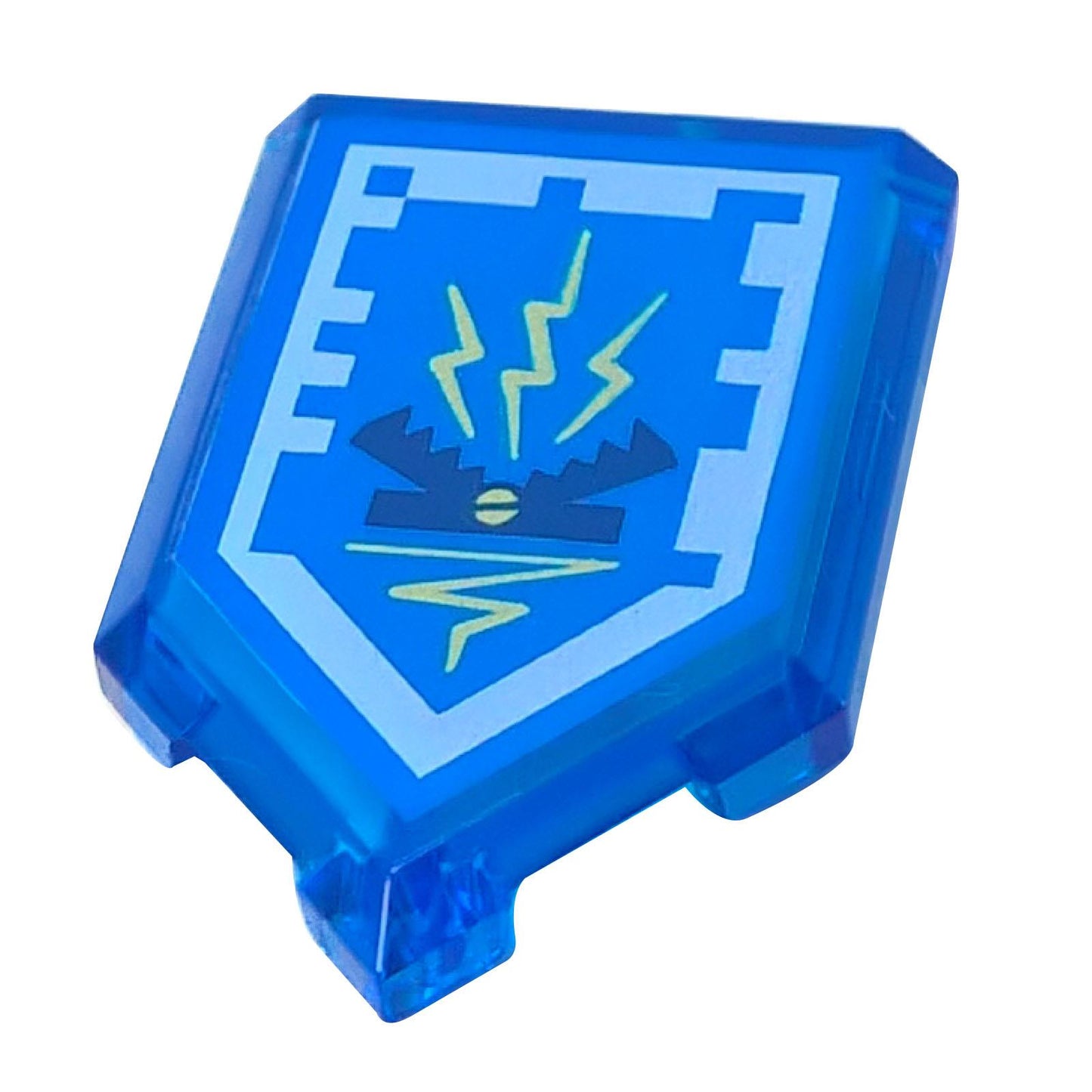 LEGO® Nexo Knights shield tile (22385pb065) in transparent blue, featuring the printed Zap Zap Nexo Power pattern with yellow lightning bolts.