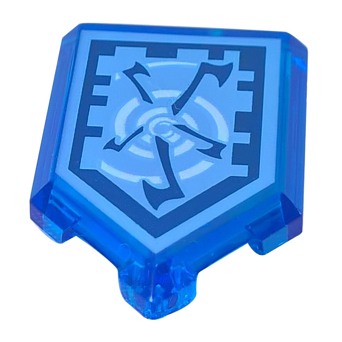 LEGO® Nexo Knights štítová destička (22385pb043) v průhledné modré, s tištěným vzorem Whirlwind Nexo Power s rotujícími hlavicemi seker.