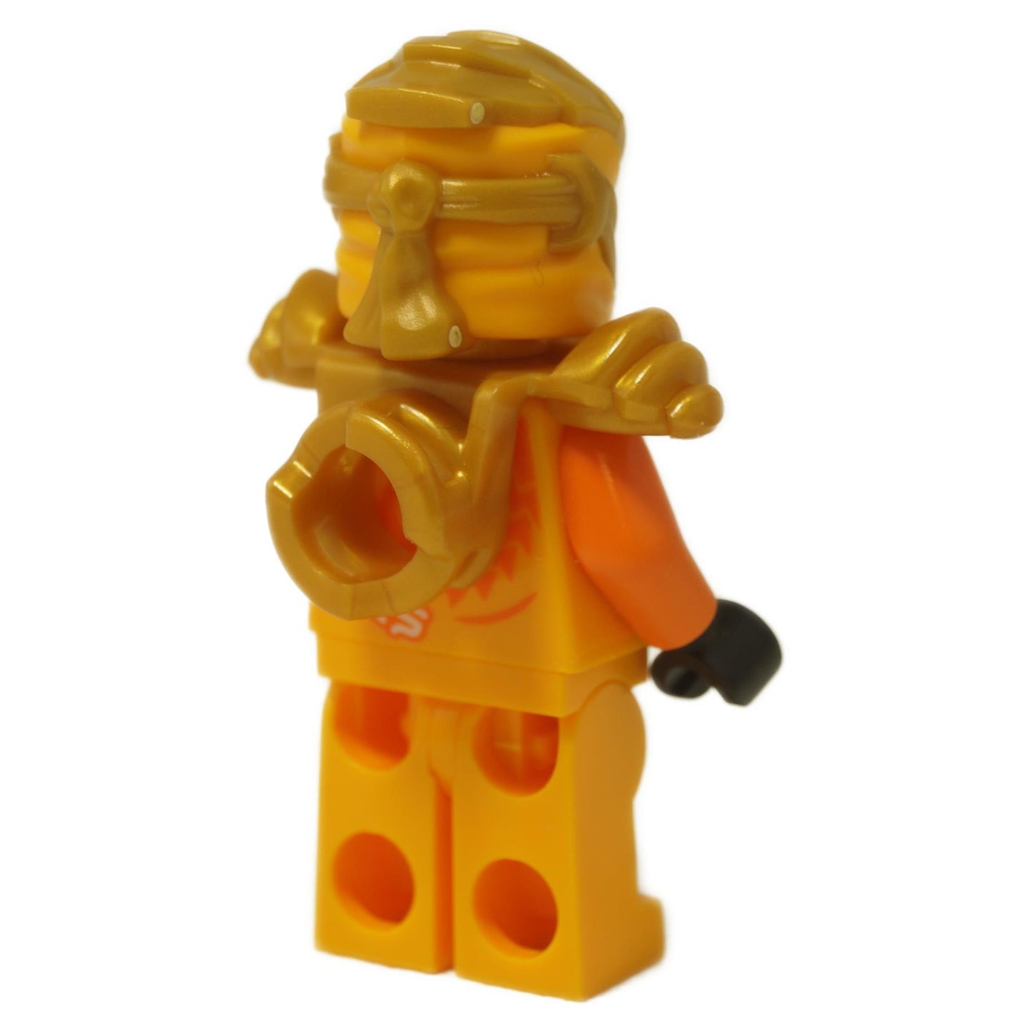 Back view of LEGO® NINJAGO Arin Minifigure (njo0866) showing gold armor and detailed orange suit print.
