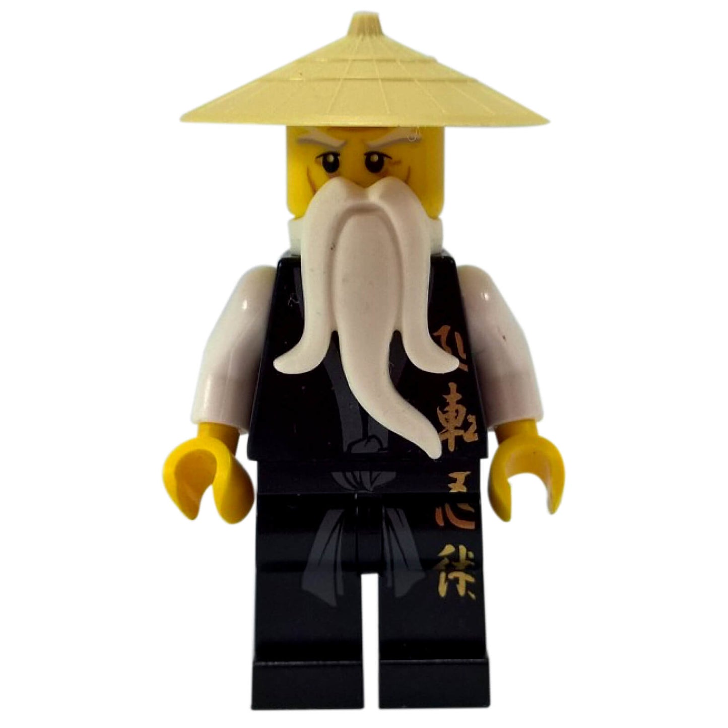 파일럿 에피소드의 마스터 우를 나타내는 LEGO Ninjago 미니피규어, 인쇄된 흰색 로브와 원뿔 모자가 있습니다 (njo0026).