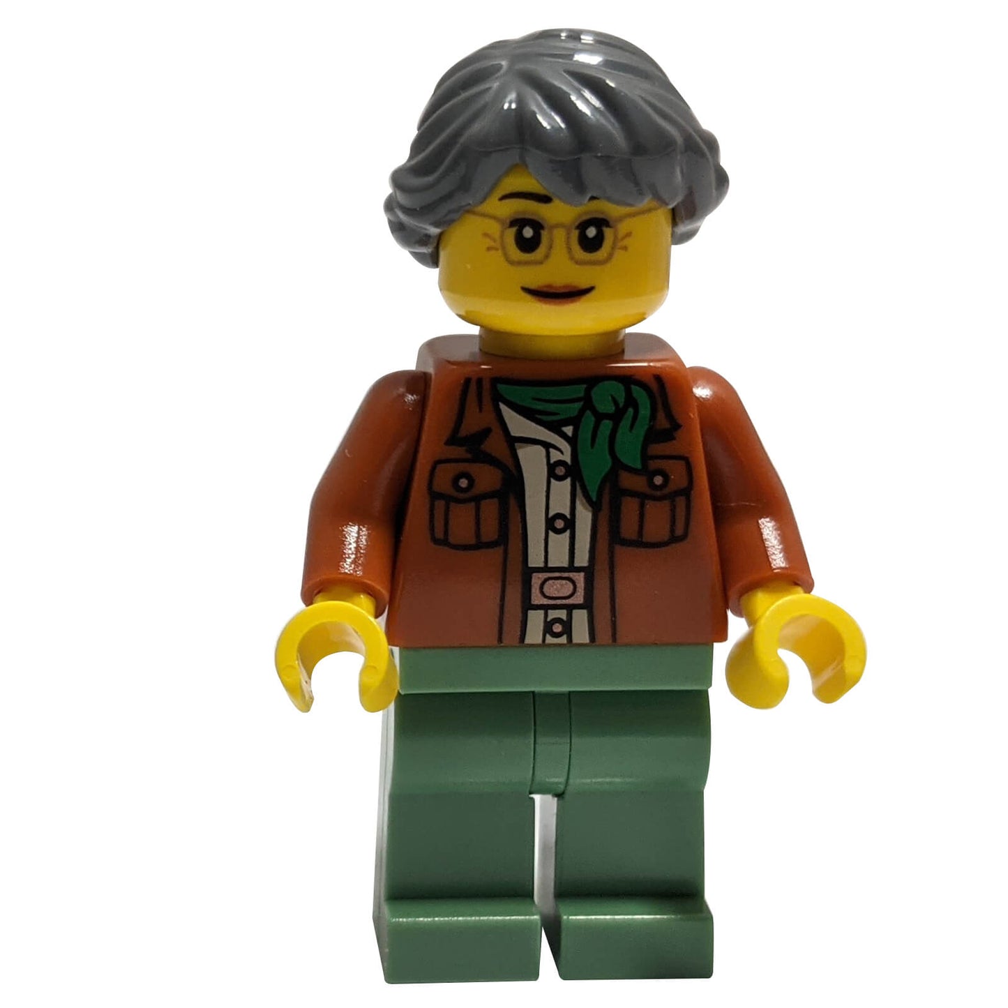 LEGO Ninjago Minifigur von Misako (njo0665) aus NINJAGO City Gardens, die eine dunkelorange Jacke über einem weißen Hemd trägt.