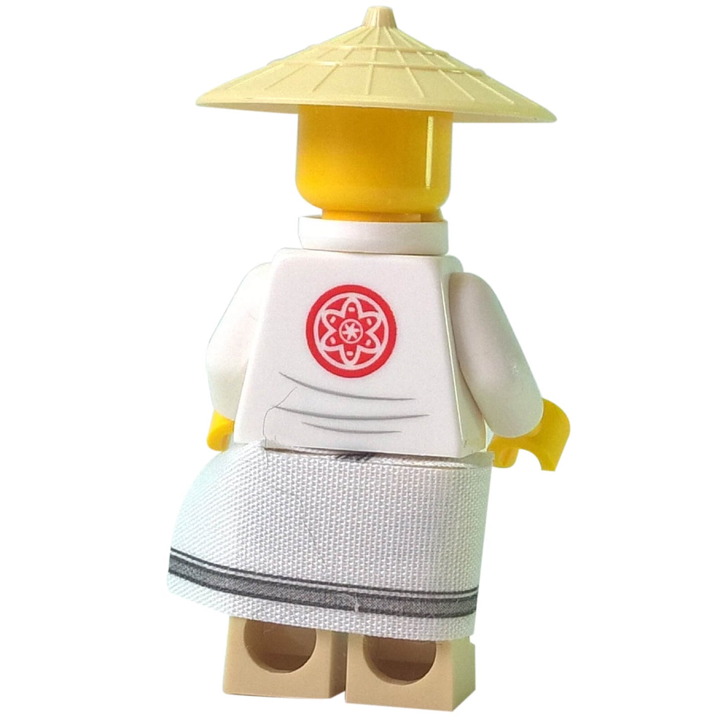 Minifigure LEGO Ninjago Movie Master Wu dalam jubah putihnya dengan topi konikal dan janggut putih panjang (njo0354) - pandangan belakang.