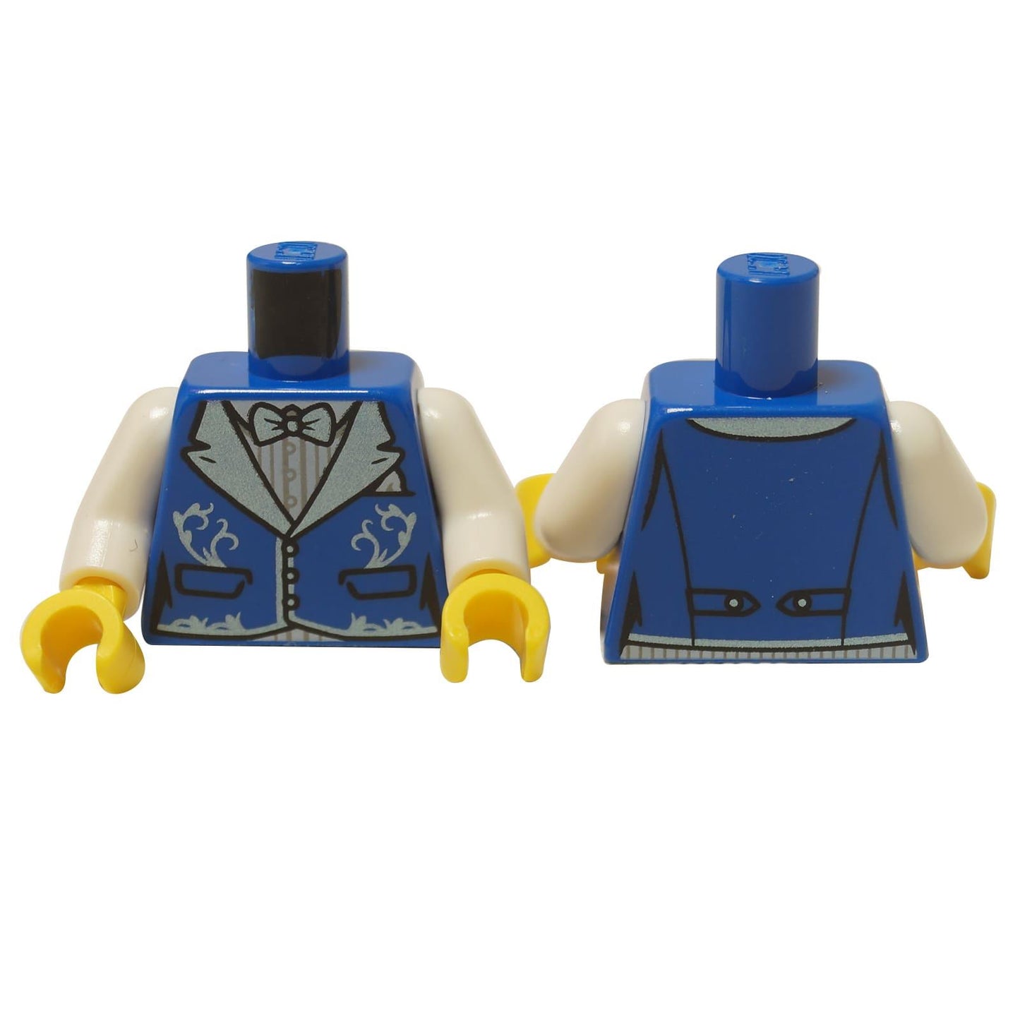 LEGO® Torso (973pb5014c01) with a formal blue vest featuring metallic light blue lapels and filigree, showing front and back details.