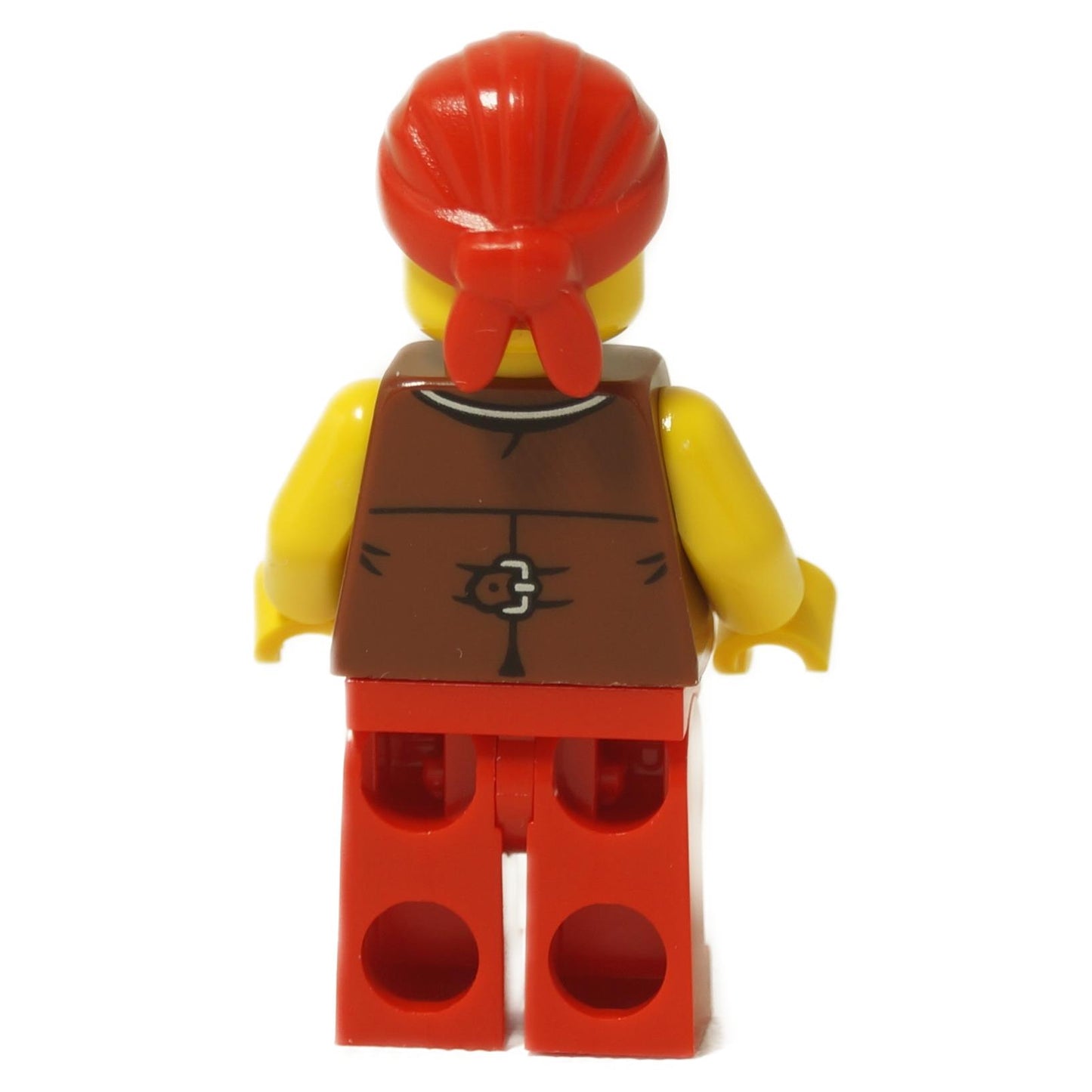 The LEGO pirate minifigure Bo'sun Will (idea237) wearing a red bandana, a brown vest over a red and white striped shirt, and red legs. backview