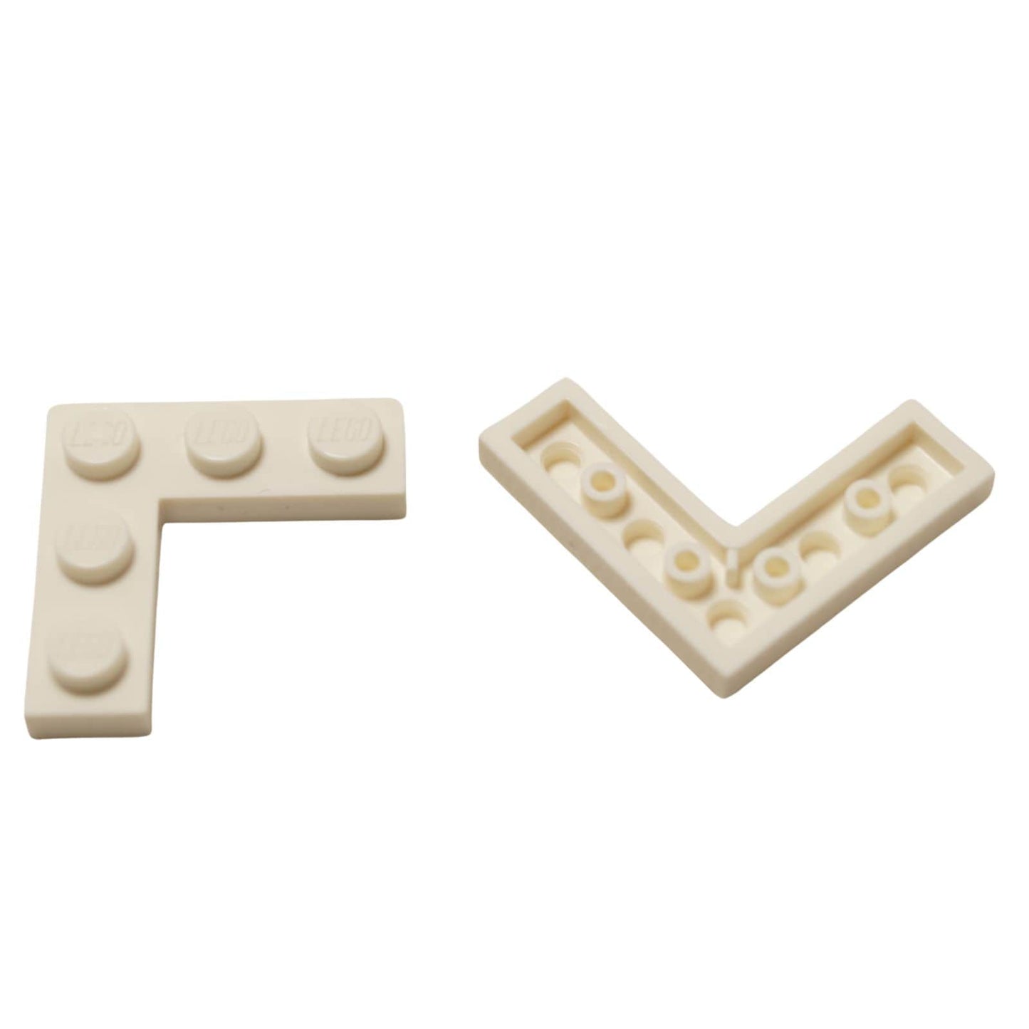 Two red LEGO Plate 3x3 Corner pieces (77844) displayed, one showing the studs and one showing the hollow side.