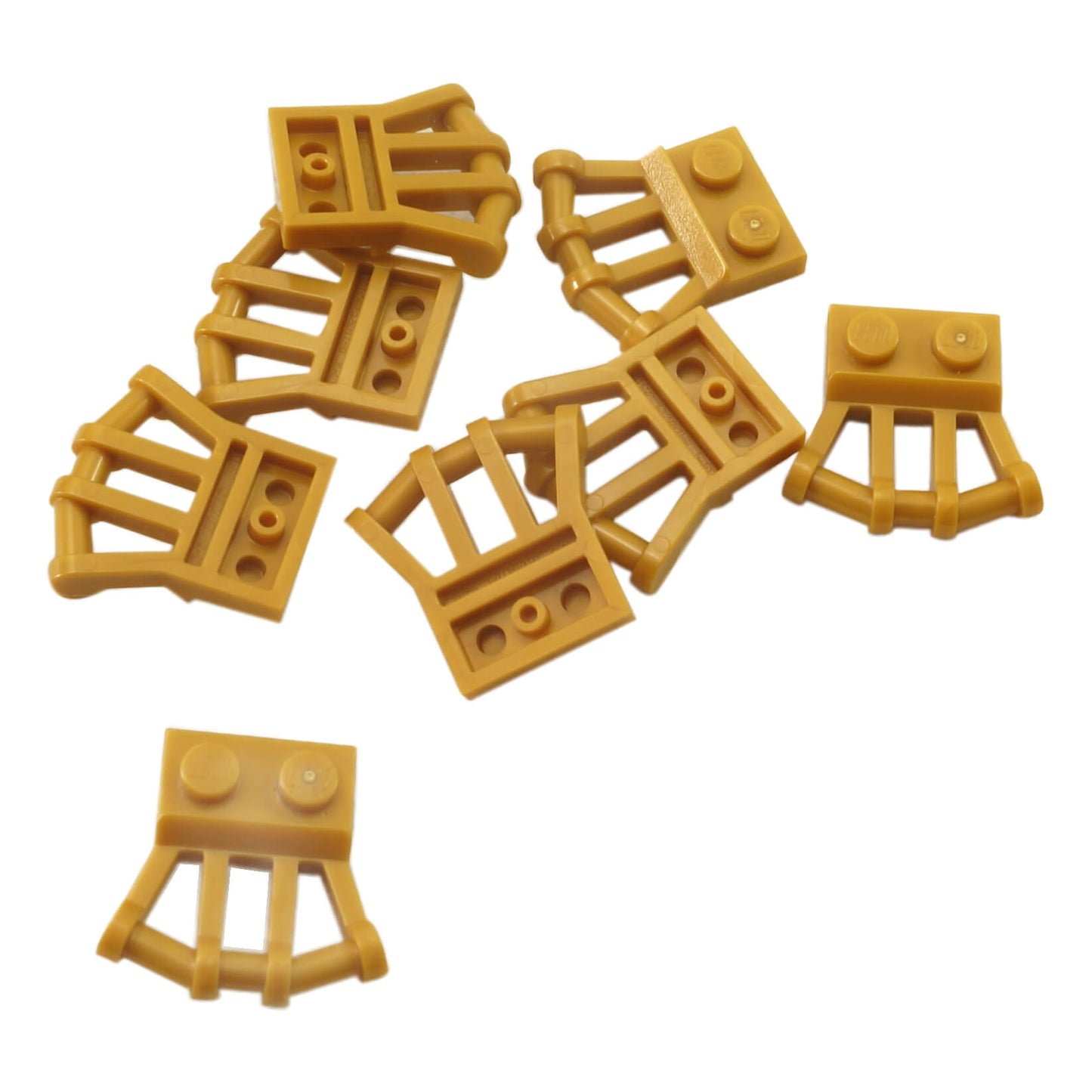 LEGO® część 92692, zmodyfikowany talerz 1x2 z kątowymi uchwytami po obu stronach, widok z góry na dół w kolorze perłowego złota