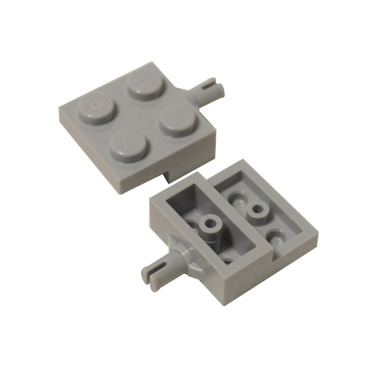 LEGO® Upravená destička 2 x 2 s držákem kol (4488) ve světle modrošedé barvě, zobrazující horní, spodní a spojovací body.