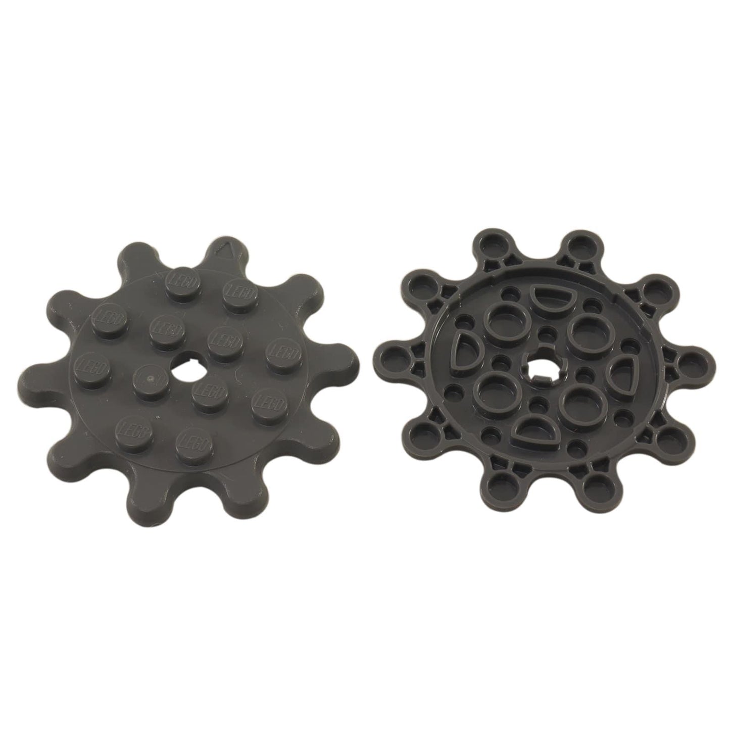 LEGO® placa redonda 4 x 4 con 10 dientes de engranaje o bordes de pétalos de flor, utilizada como engranaje decorativo o elemento floral, color gris azulado oscuro