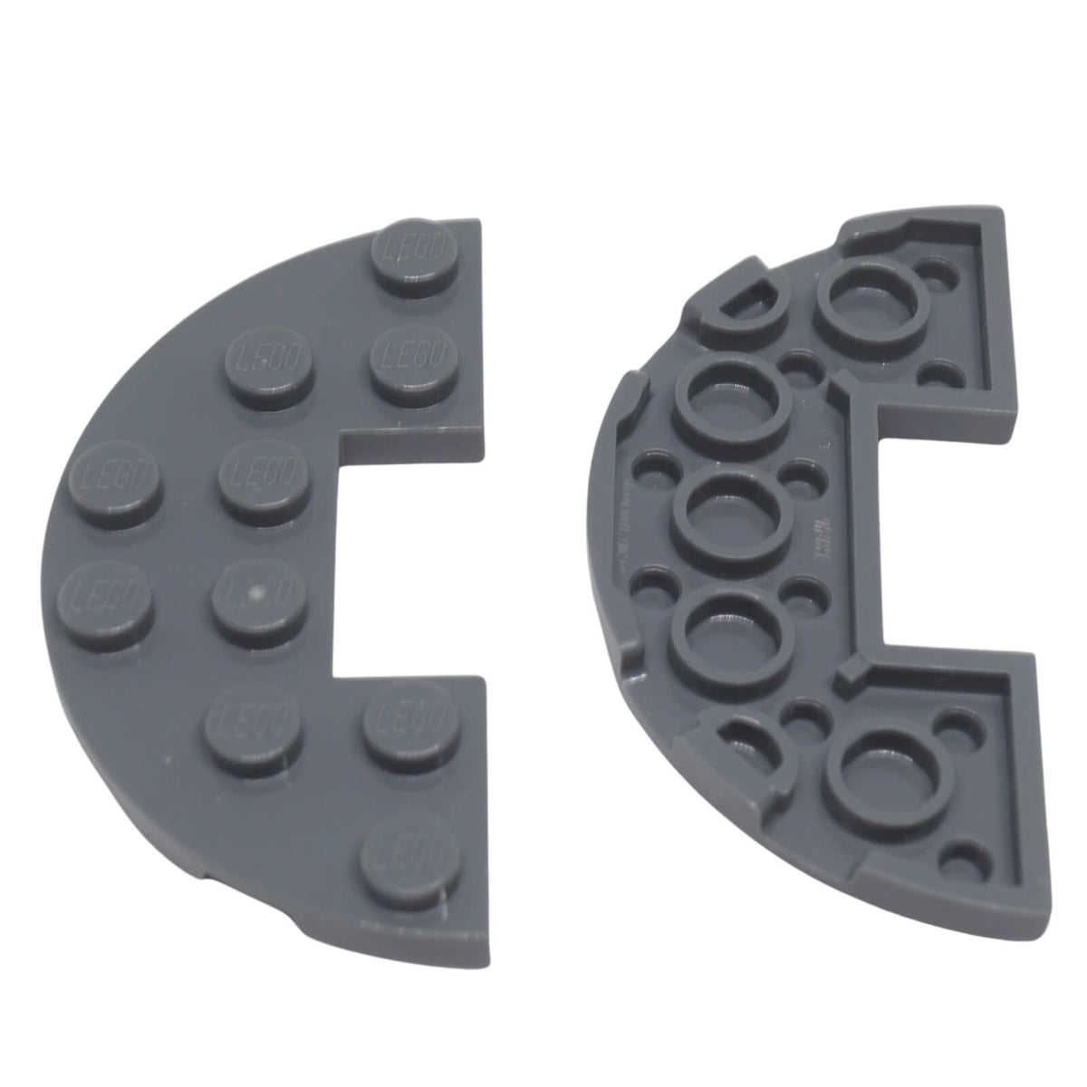 LEGO® Plate Round Half 3 x 6 with 1 x 2 cutout (18646) in dark bluish gray, featuring a curved half-oval shape with central notch.