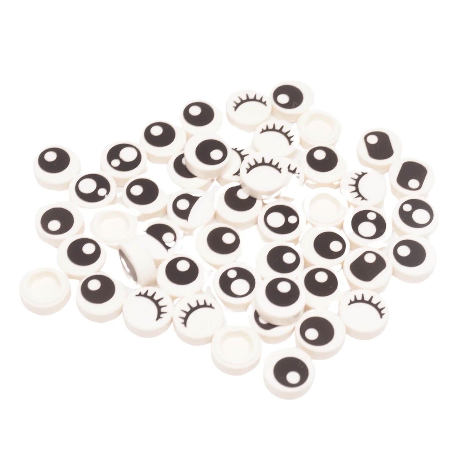 50 white LEGO® 1x1 round printed eye tiles showing six variants: centred pupil, offset pupil, double pupil, eyelash, half-closed, and plain white