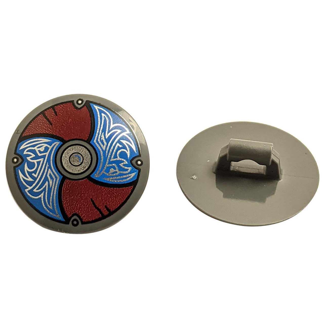 LEGO® round shield 75902pb28 with blue and dark red panels and silver knotwork