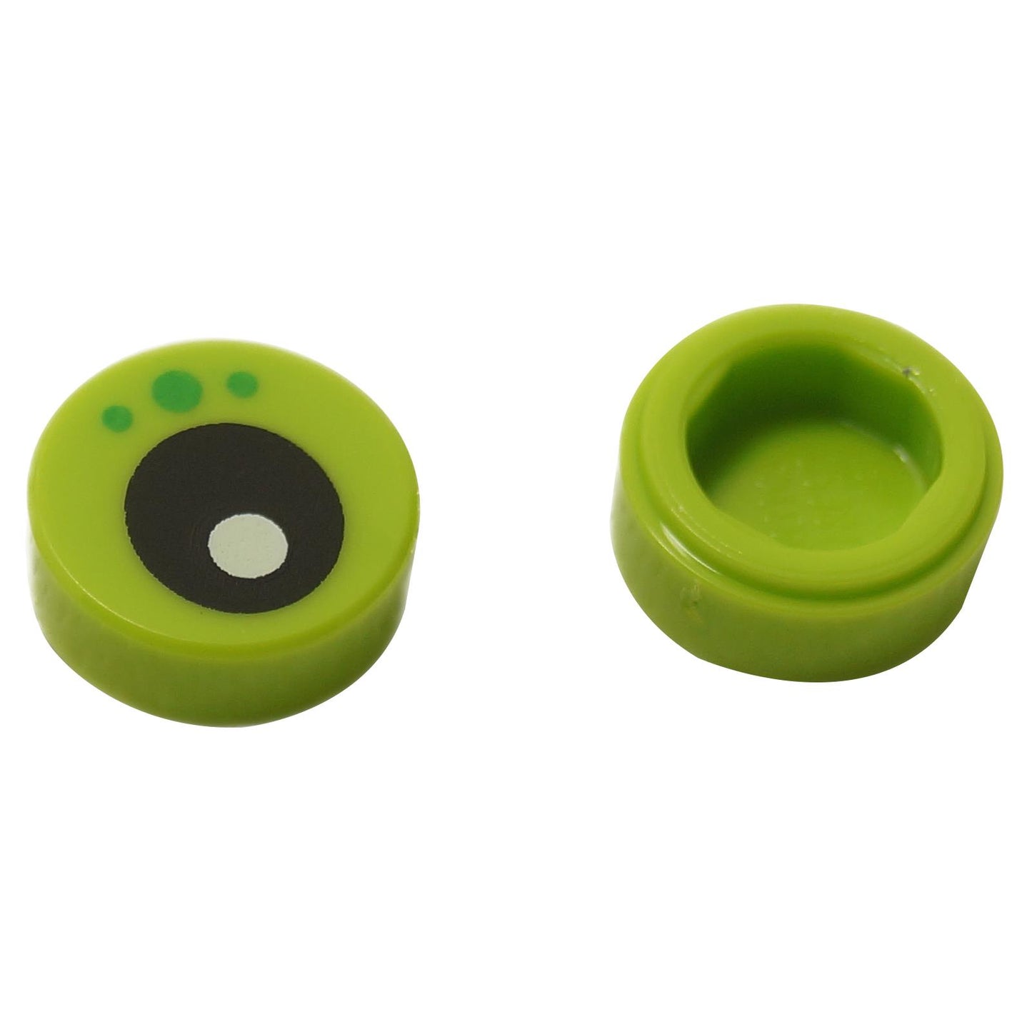 LEGO® kerek csempe 1x1 nyomtatott szemmel és zöld pöttyös mintával, dekoratív elem elöl és hátul
