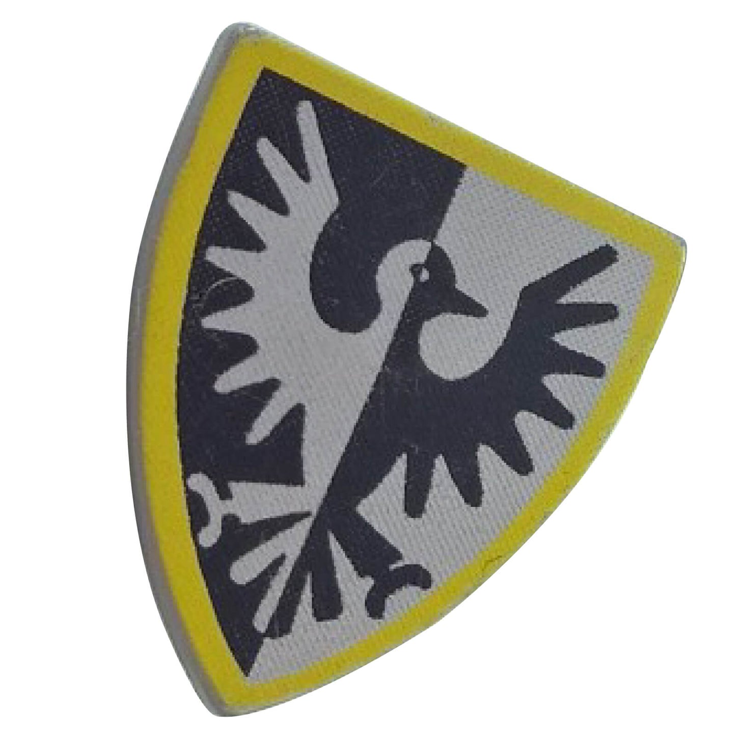 Vintage LEGO® Castle triangular shield in light gray featuring the black falcon emblem and a yellow border, part 3846p46.