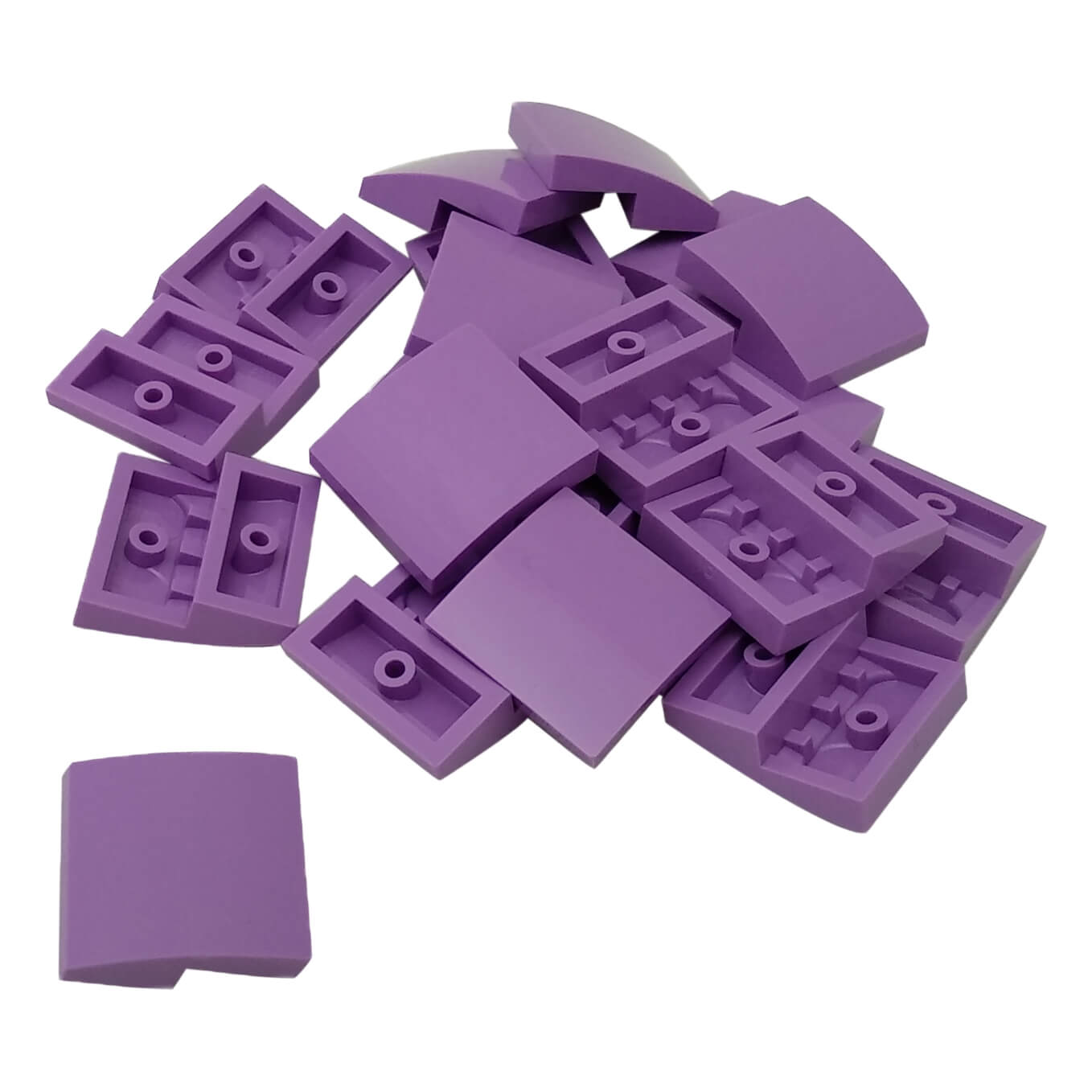 LEGO® Pente 15068 – Courbé 2 x 2 dans Lavande Moyen (20x Neuf), affiché vu de dessus et de dessous sur un fond blanc.