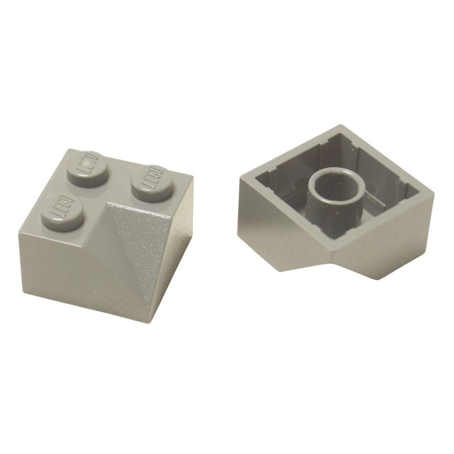 LEGO® Slope 45 2 x 2 Double Concave (3046a) in light bluish gray, featuring two inward-curving angled slopes forming a recessed shape.